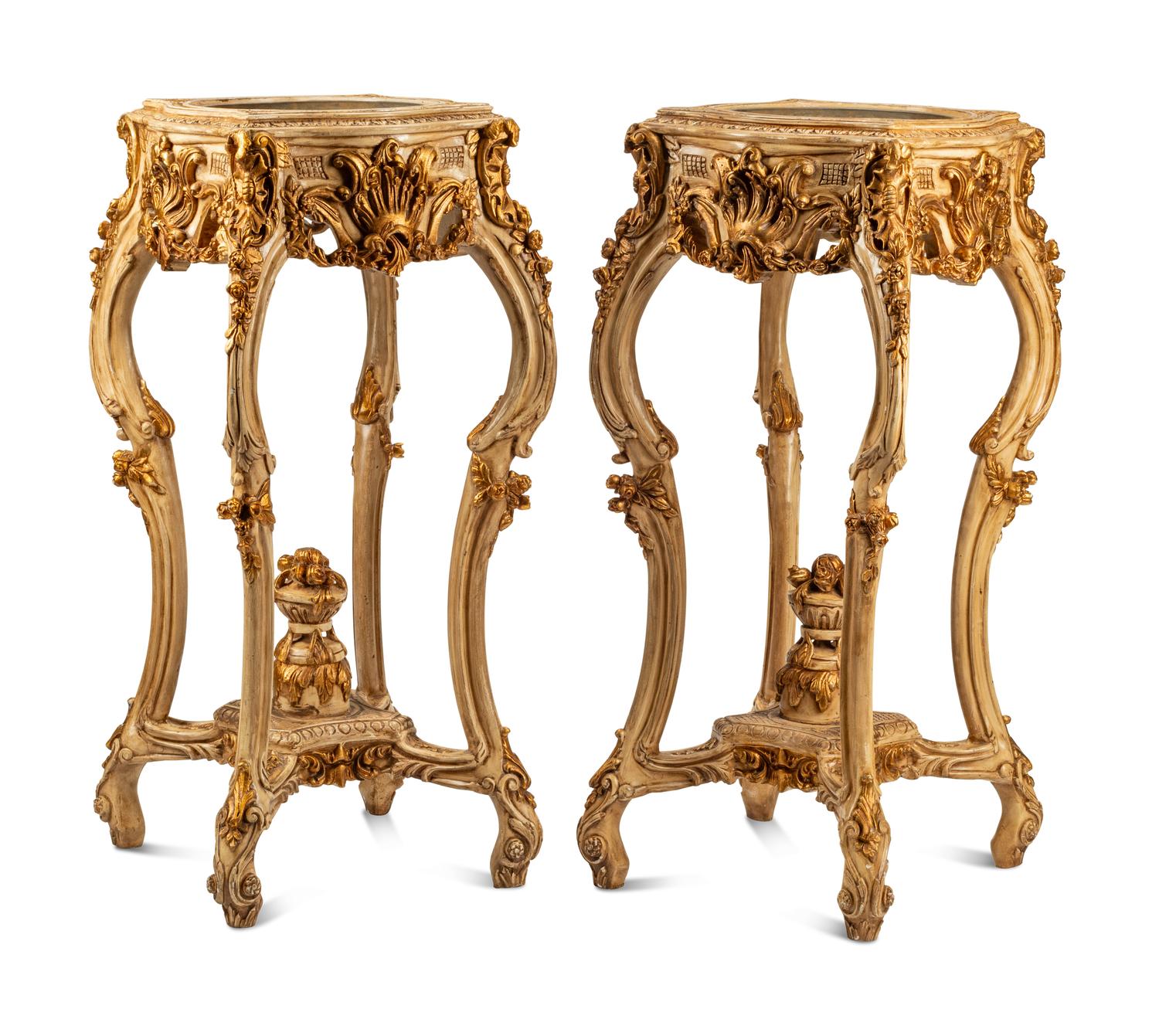 A Pair of Italian Painted and Parcel Gilt Jardinière Stands