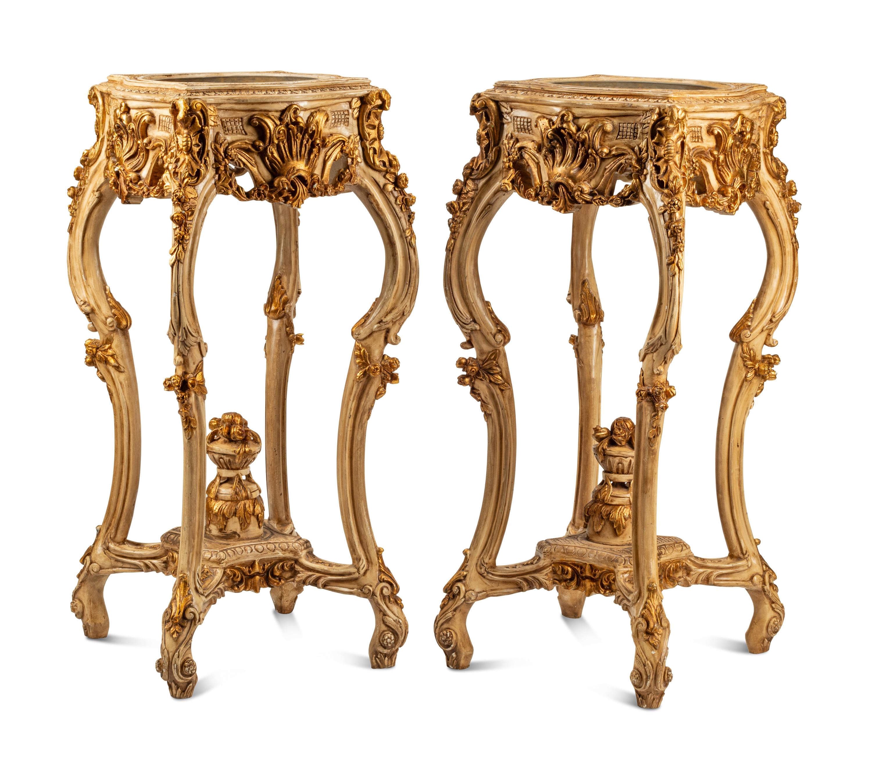 A Pair of Italian Painted and Parcel Gilt Jardinière Stands