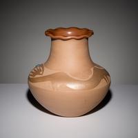 Russell Sanchez (San Ildefonso, b. 1963) — Two-toned Sienna Pottery Jar, with Lone Mountain Turquoise Cabochon, 1989