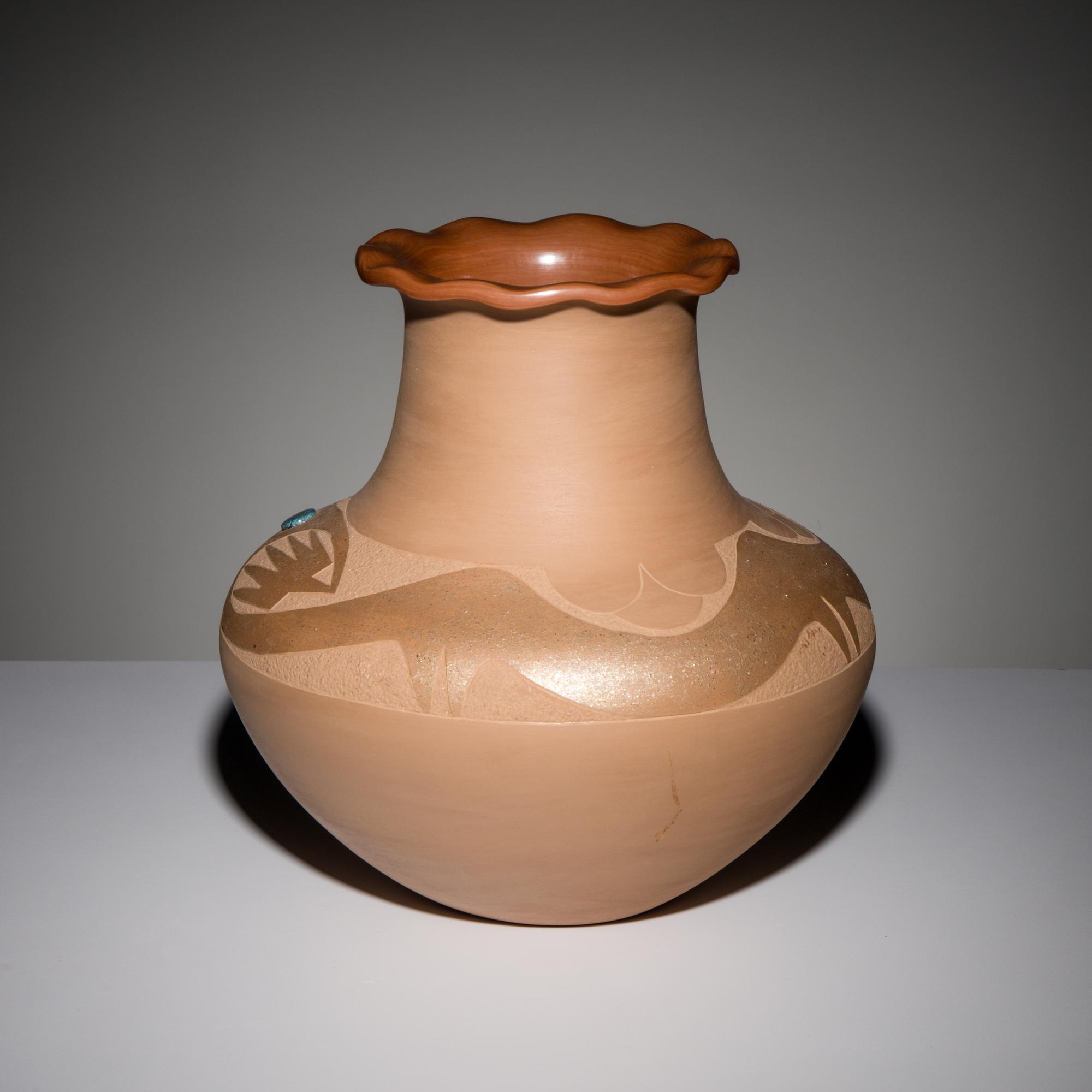 Russell Sanchez (San Ildefonso, b. 1963) — Two-toned Sienna Pottery Jar, with Lone Mountain Turquoise Cabochon, 1989