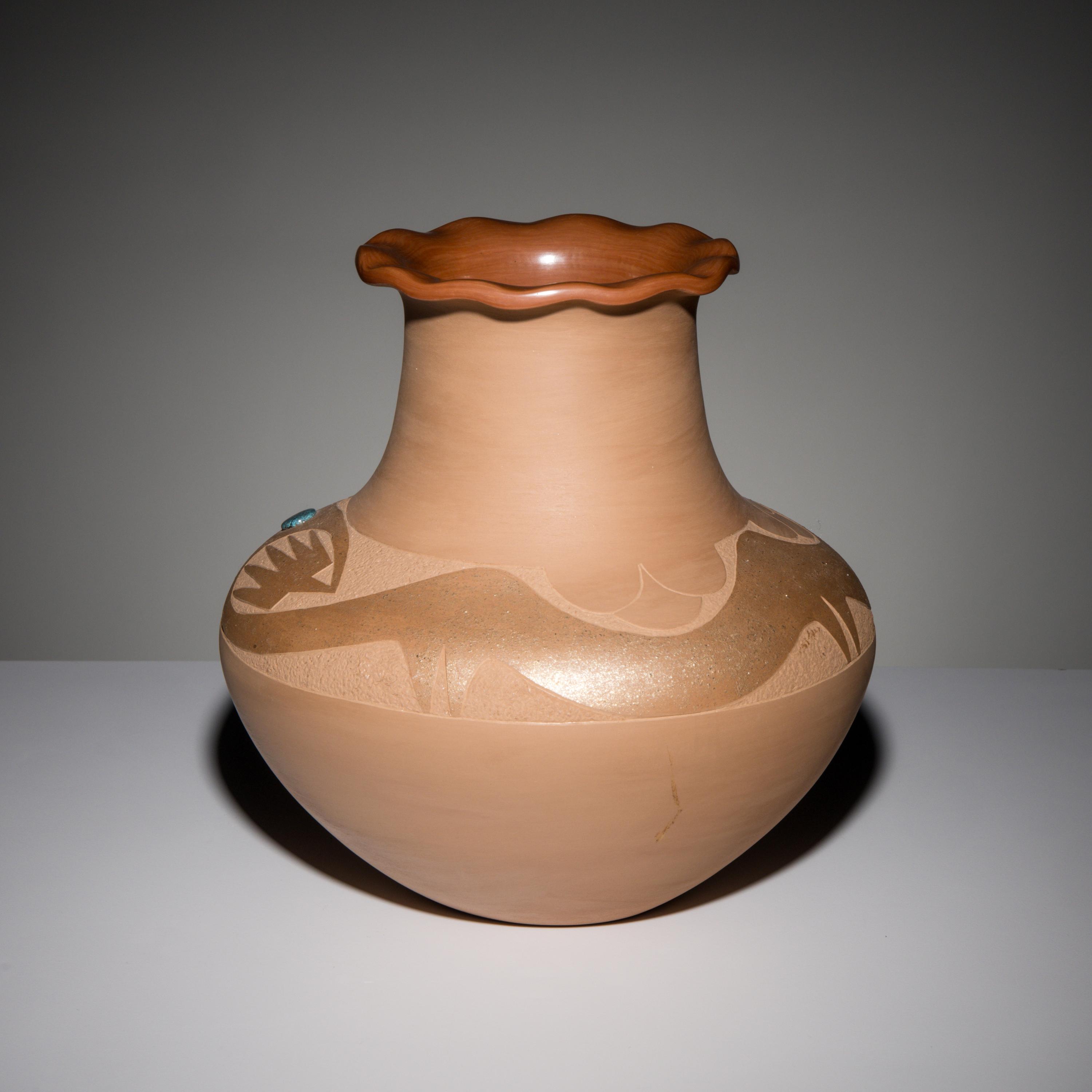 Russell Sanchez (San Ildefonso, b. 1963) — Two-toned Sienna Pottery Jar, with Lone Mountain Turquoise Cabochon, 1989