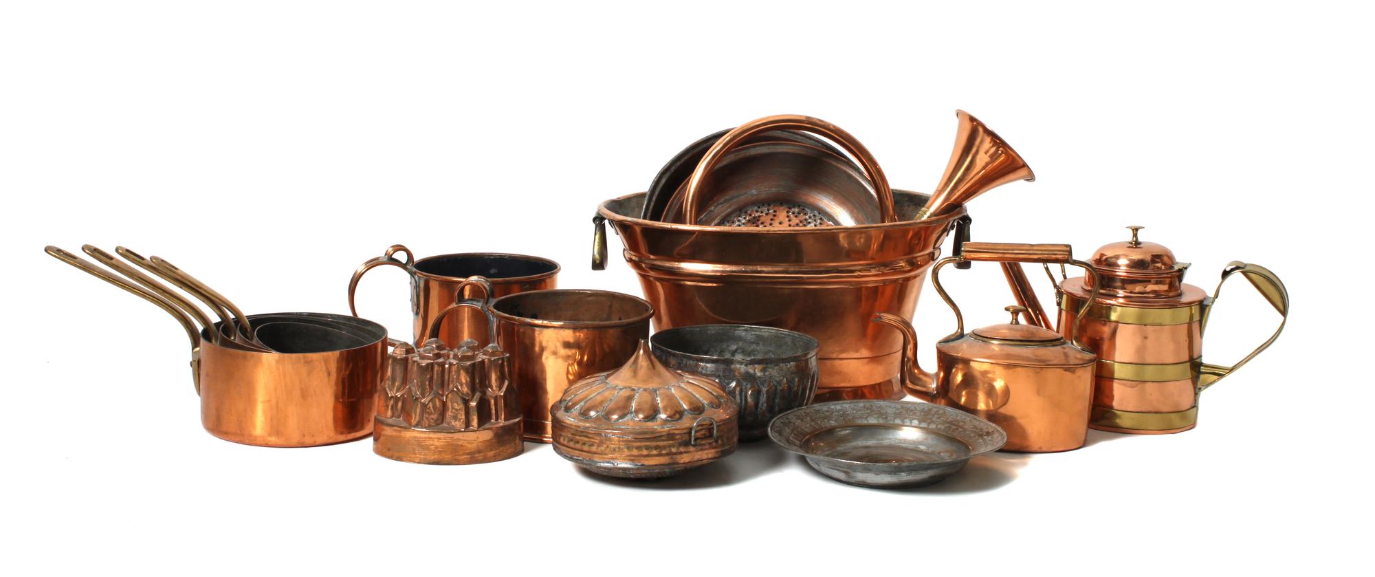 Sixteen Copper Articles Height 9 x width 17 1/2 x depth 11 1/4 inches (largest)