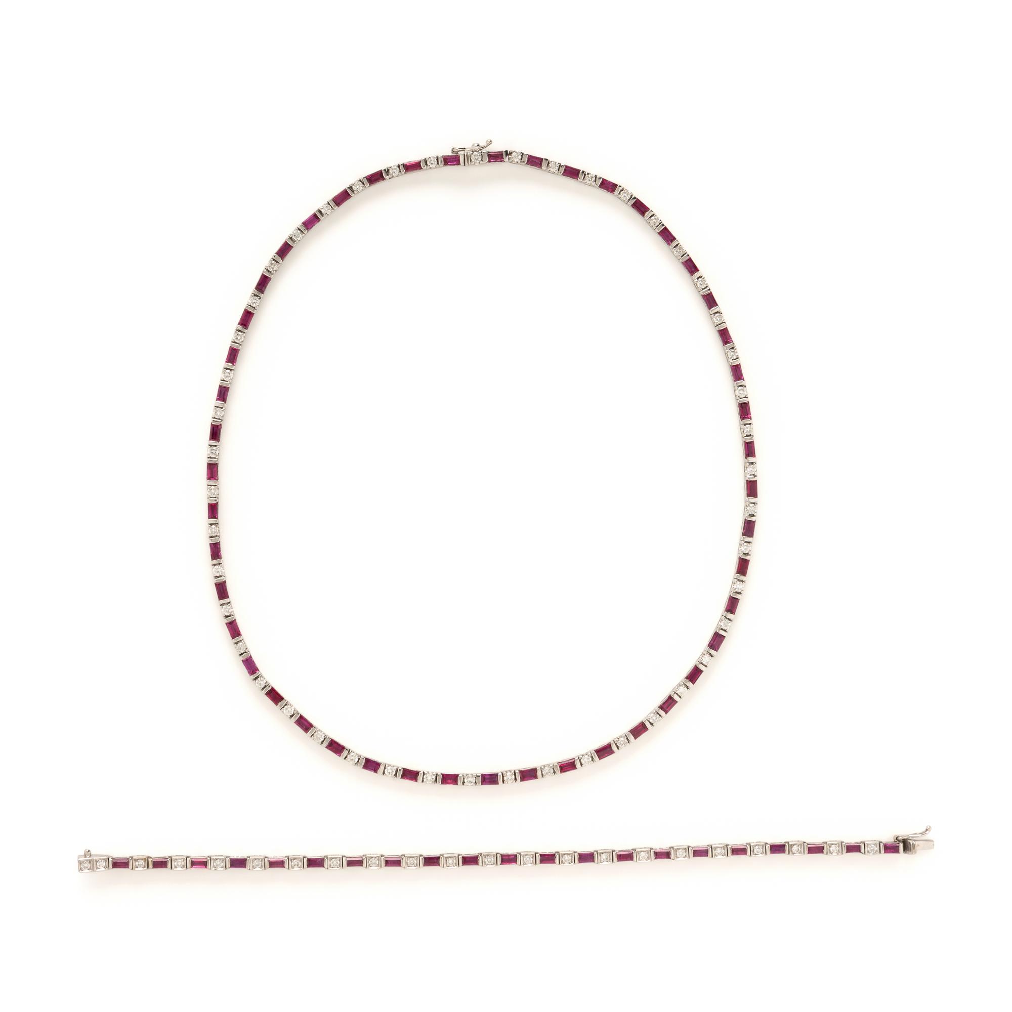 Diamond and Synthetic Ruby White Gold Necklace and Bracelet