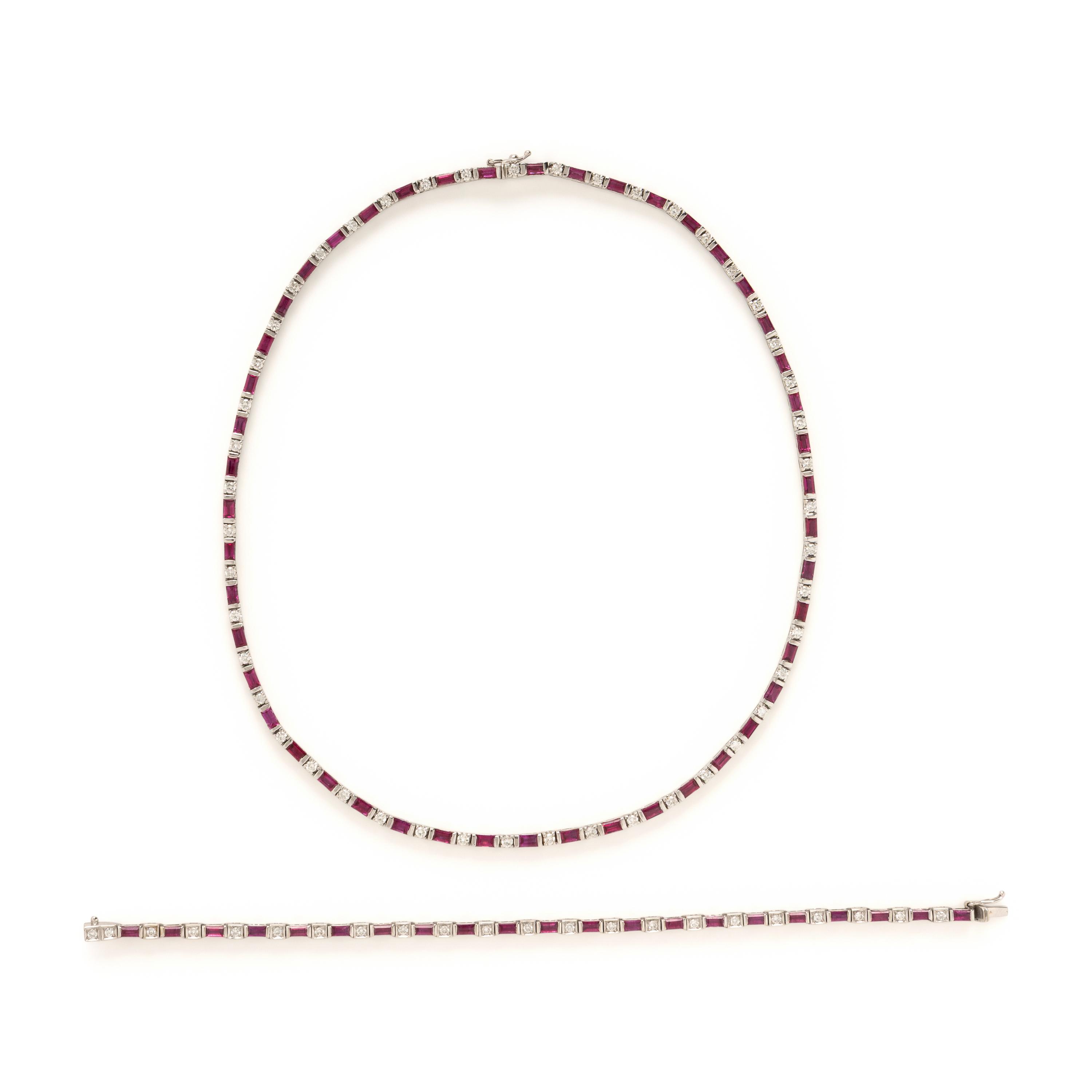 Diamond and Synthetic Ruby White Gold Necklace and Bracelet