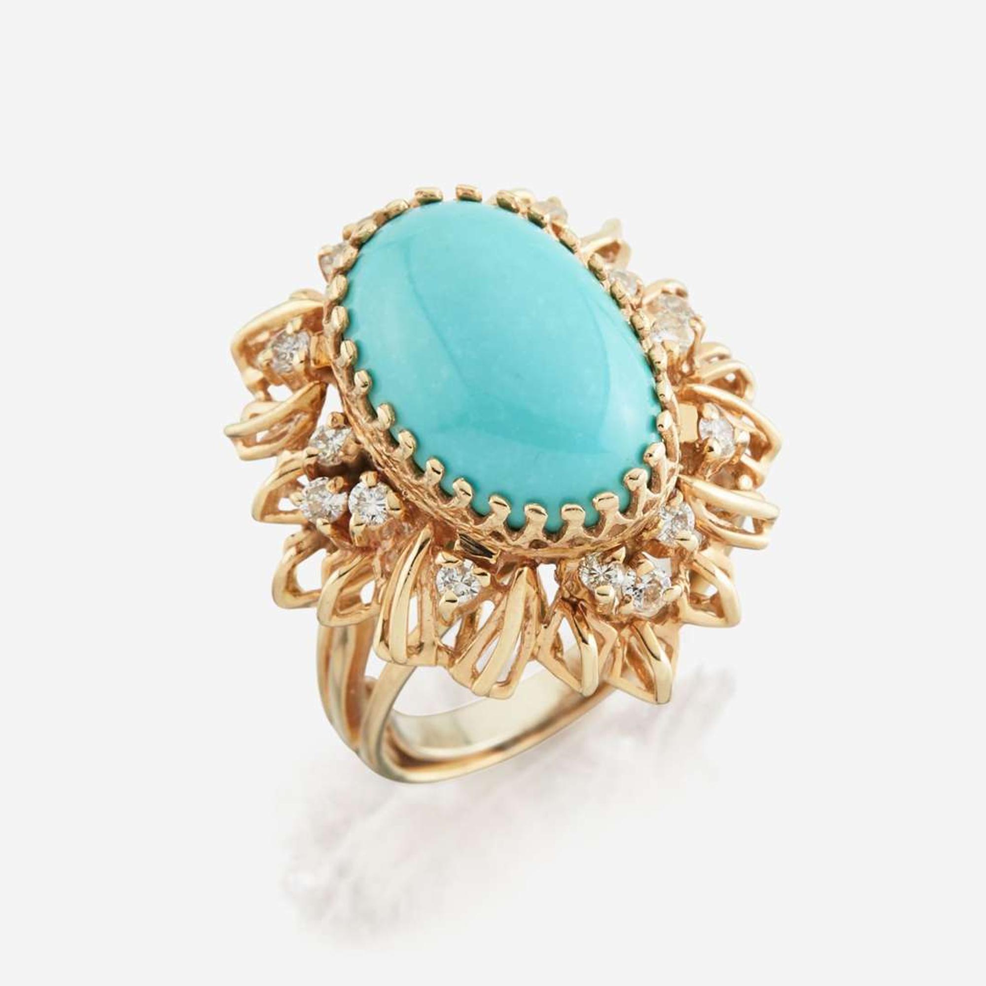 A turquoise, diamond, and gold ring