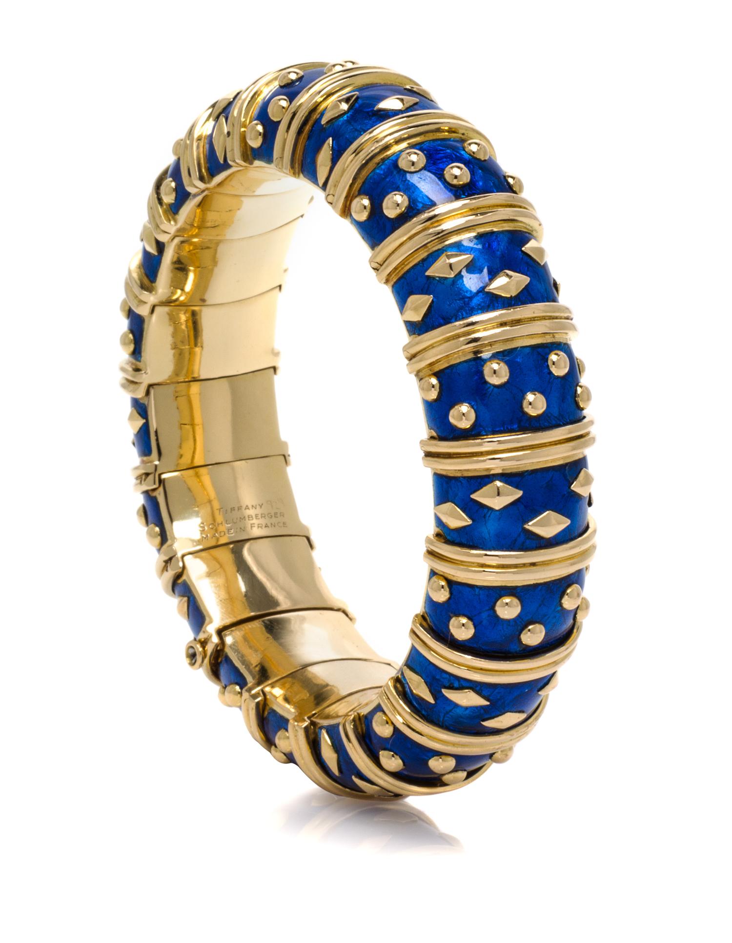 A Vintage 18 Karat Yellow Gold and Blue Enamel Paillonne Bracelet, Schlumberger for Tiffany & Co., France, 85.20 dwts.