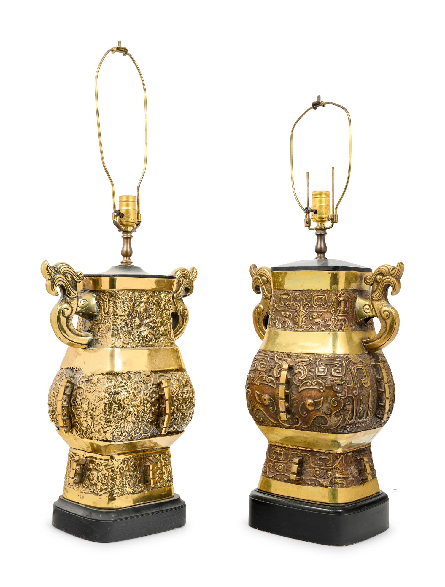 A Pair of Chinese Bronze Archaistic Bronze Hu Vases