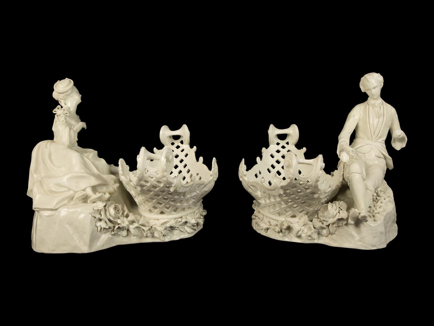 A Pair of Large Meissen White Glazed Porcelain Baskets with Figures of a Gentleman and Lady — 19TH CENTURY