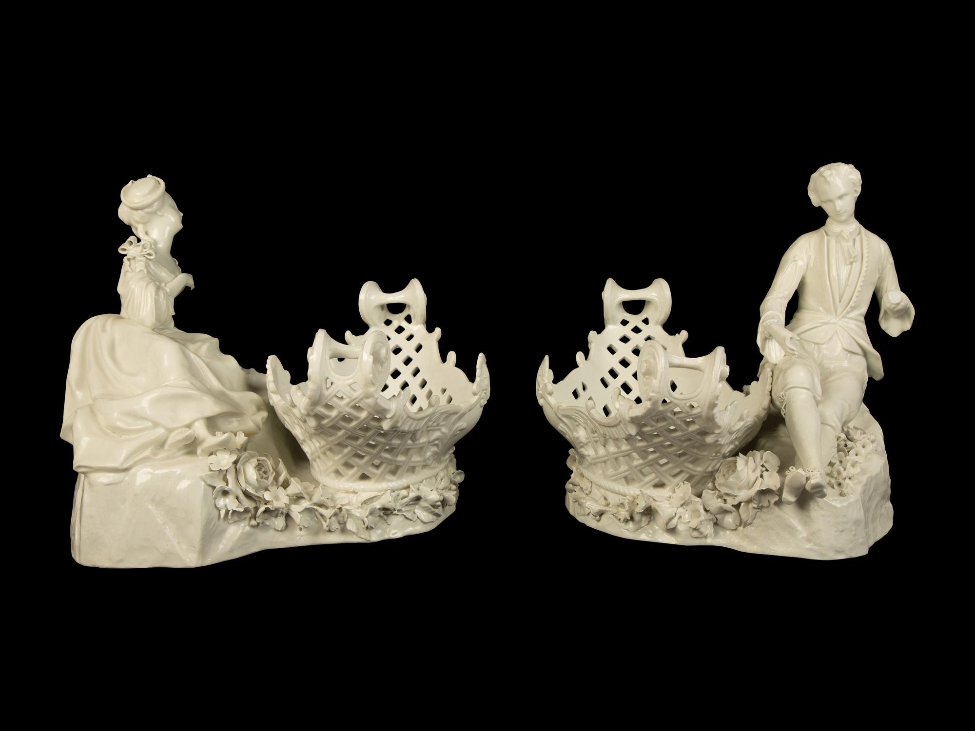A Pair of Large Meissen White Glazed Porcelain Baskets with Figures of a Gentleman and Lady — 19TH CENTURY