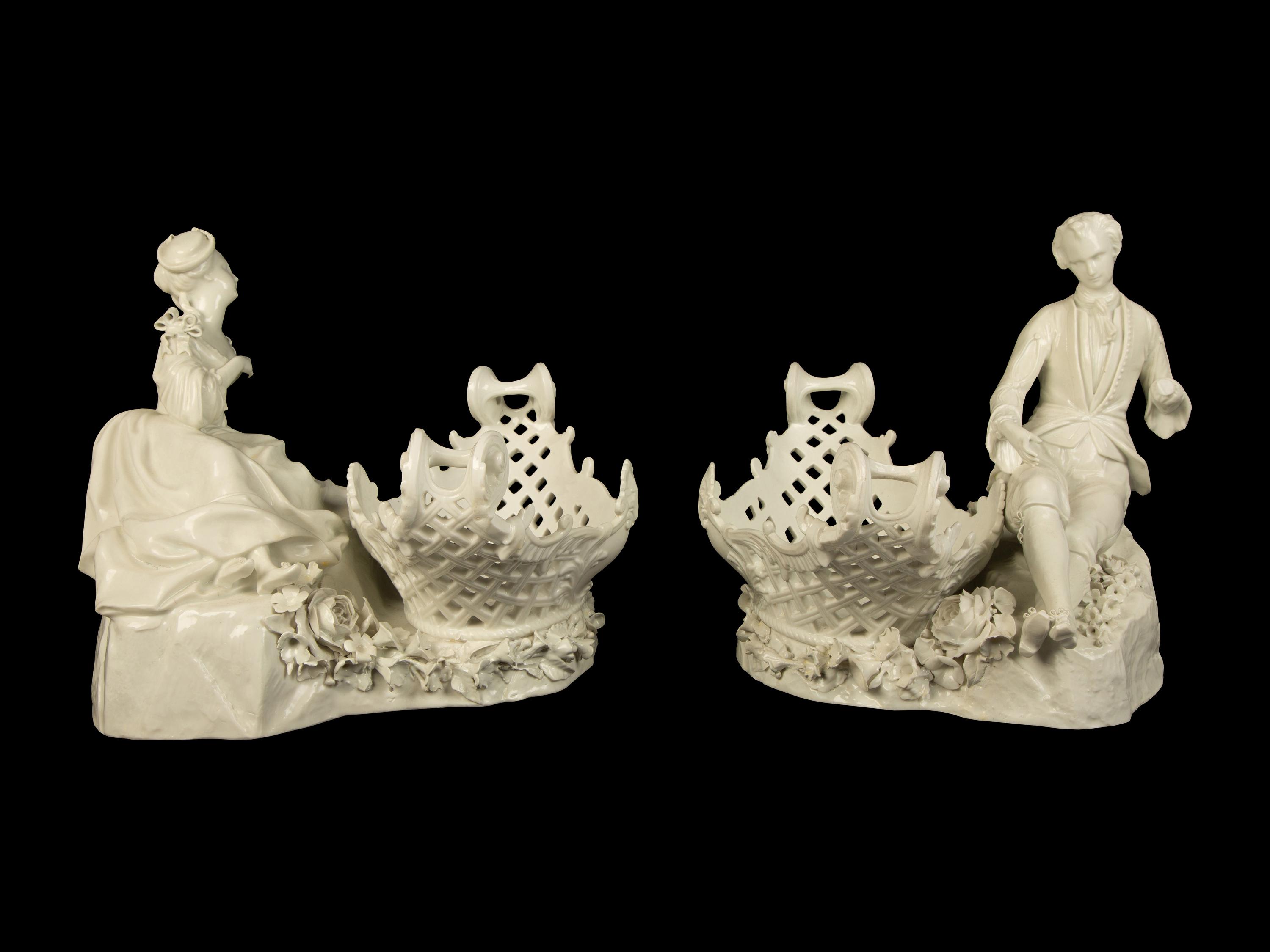 A Pair of Large Meissen White Glazed Porcelain Baskets with Figures of a Gentleman and Lady — 19TH CENTURY