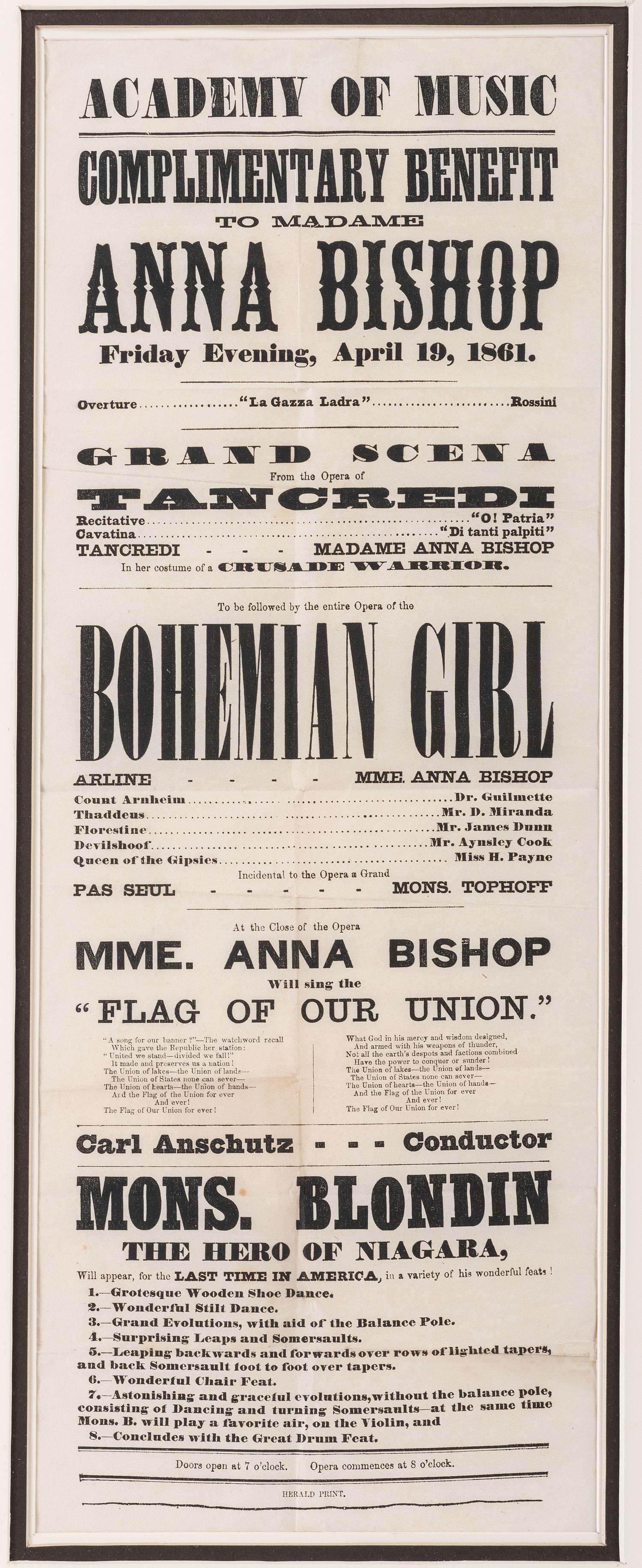 A Printed Broadside Highlighting an Operatic Performance by Soprano Anna Bishop at the Academy of Music