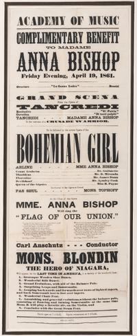 A Printed Broadside Highlighting an Operatic Performance by Soprano Anna Bishop at the Academy of Music