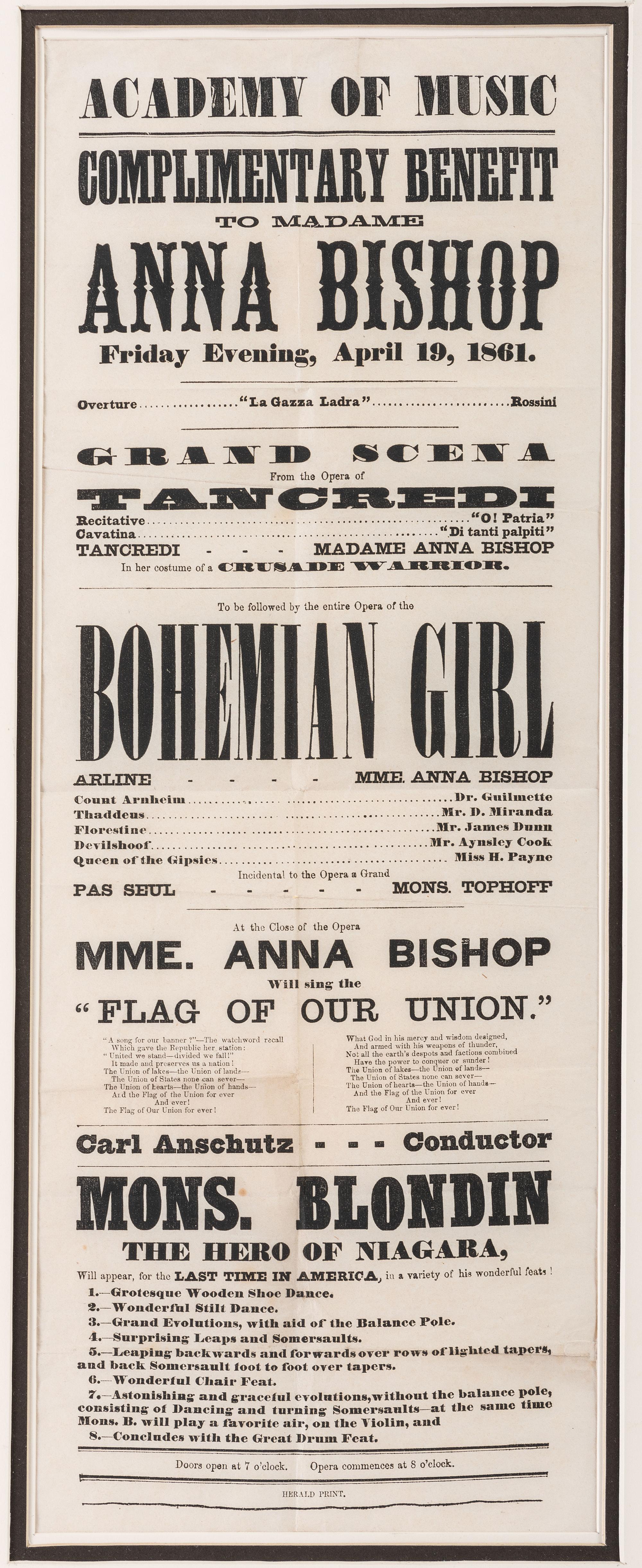 A Printed Broadside Highlighting an Operatic Performance by Soprano Anna Bishop at the Academy of Music