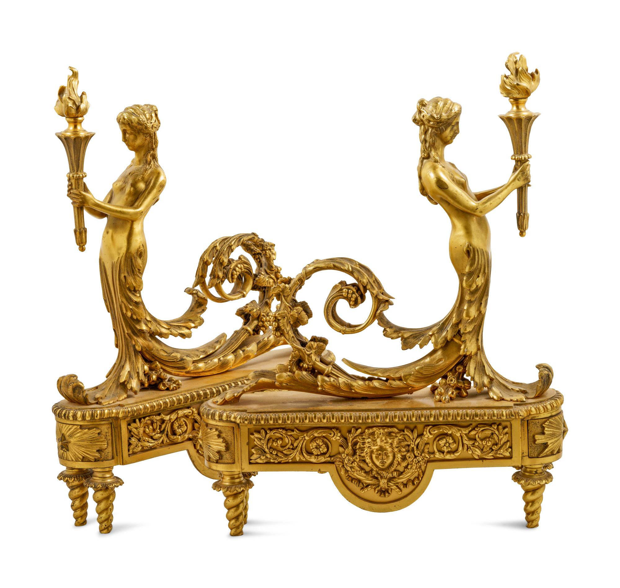 A Pair of Napoleon III Style Gilt Bronze Figural Chenets