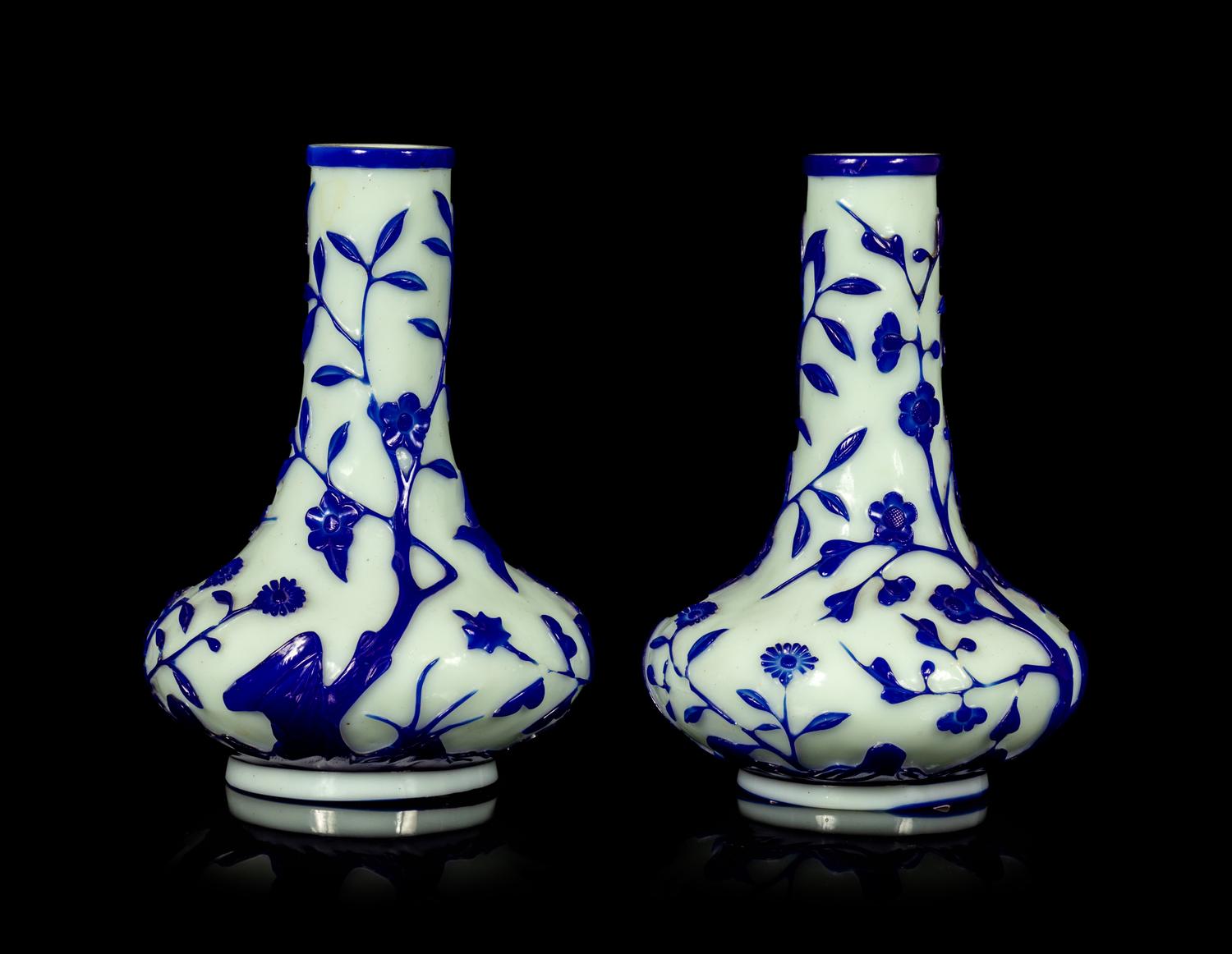 A Pair of Chinese Blue Overlay Opaque White Glass Bottle Vases