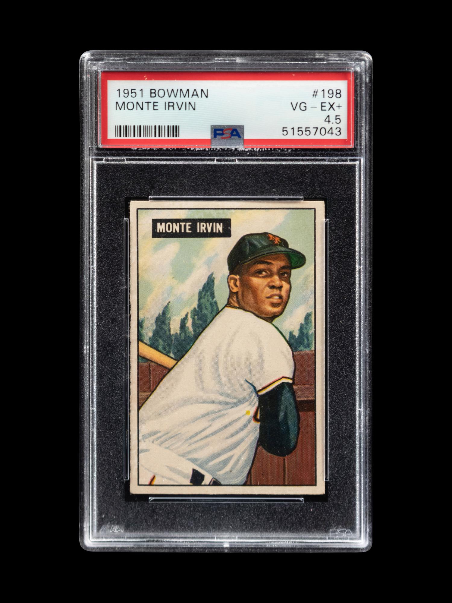 A Group of Four 1950s Bowman Baseball Cards Including a Monte Irvin Rookie Card (PSA 4.5) and Autographed Phil Rizutto,