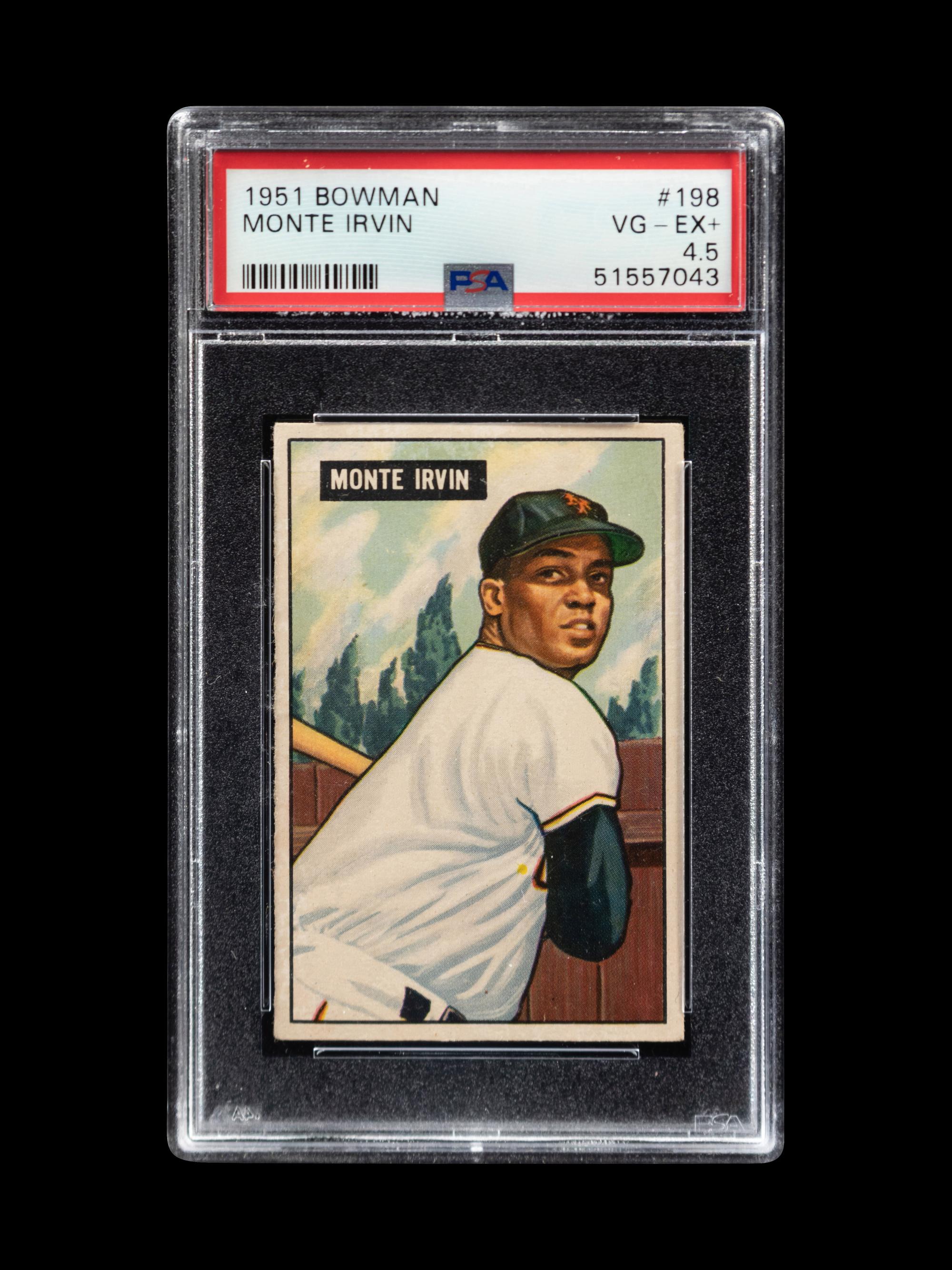 A Group of Four 1950s Bowman Baseball Cards Including a Monte Irvin Rookie Card (PSA 4.5) and Autographed Phil Rizutto,