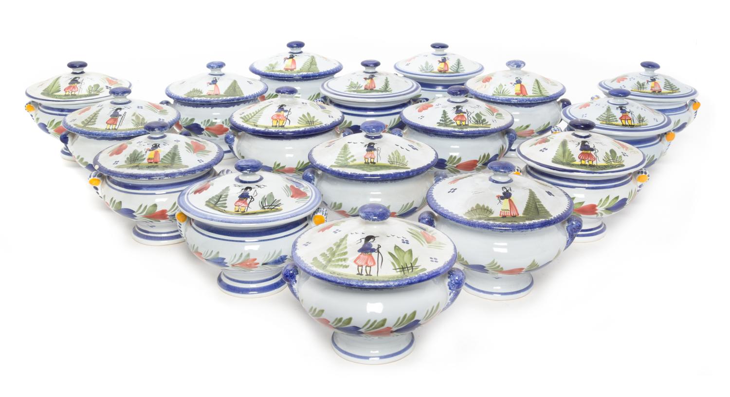 A Collection of Quimper Pottery Covered Bowls Height 4 5/8 inches.