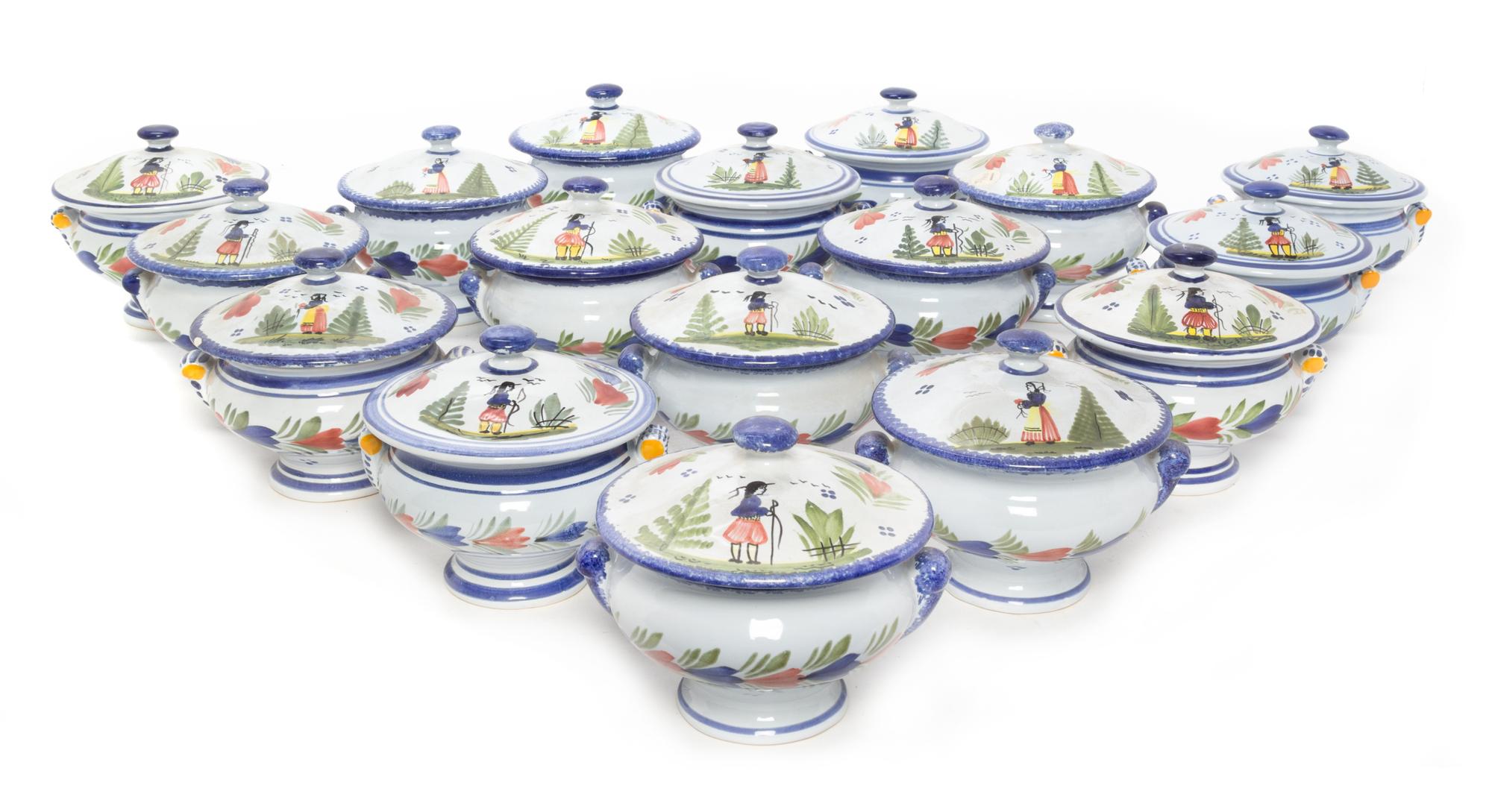 A Collection of Quimper Pottery Covered Bowls Height 4 5/8 inches.