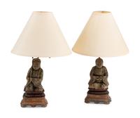 A Pair of Chinese Export Carved Figures of Buddha Mounted as Lamps