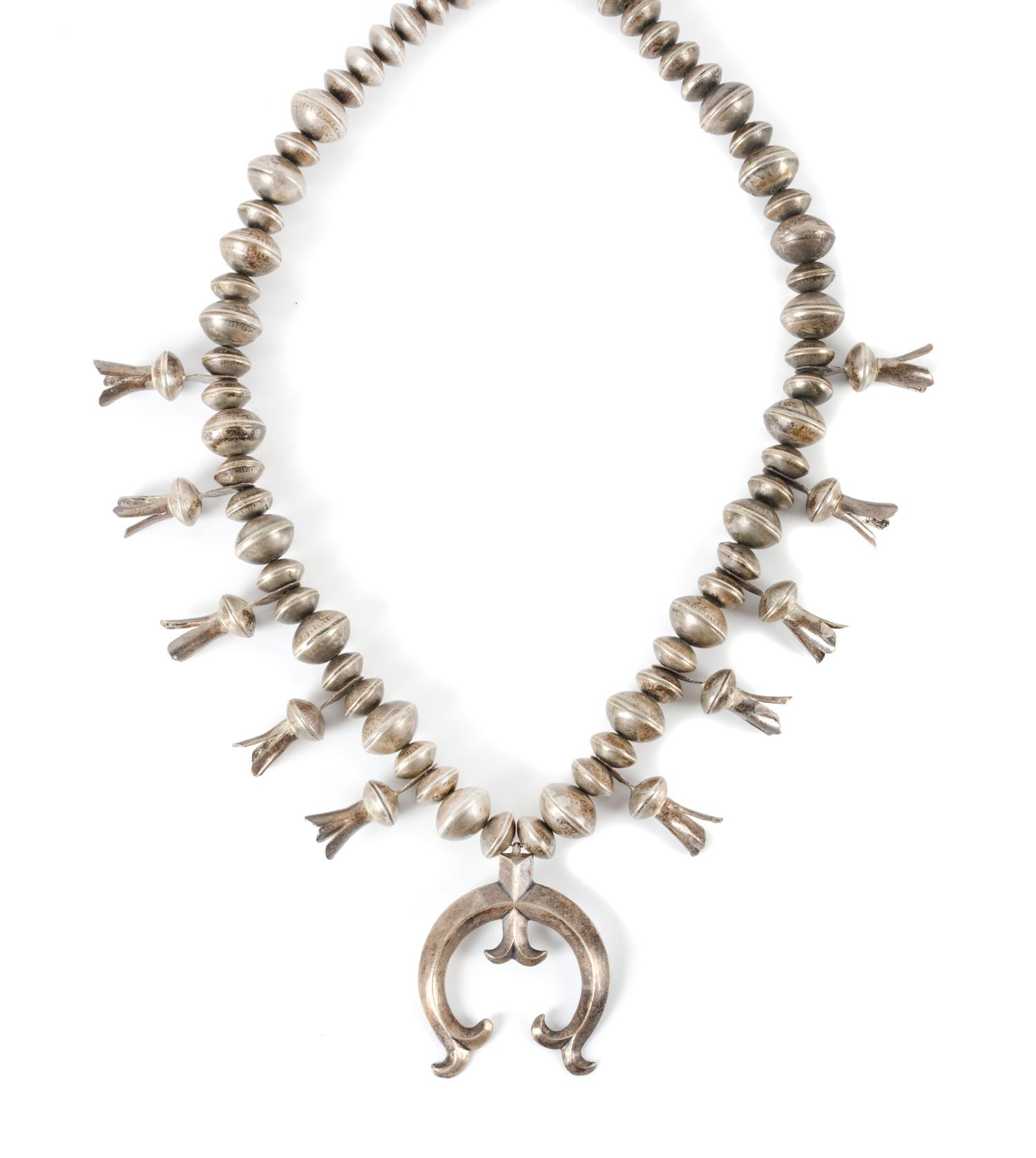 Large Southwestern Silver Coin Squash Blossom Necklace Length 27 inches