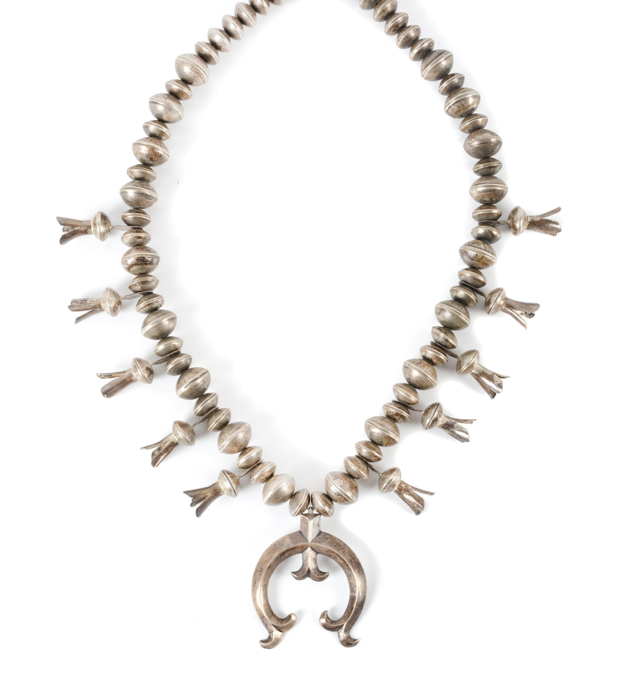 Large Southwestern Silver Coin Squash Blossom Necklace Length 27 inches