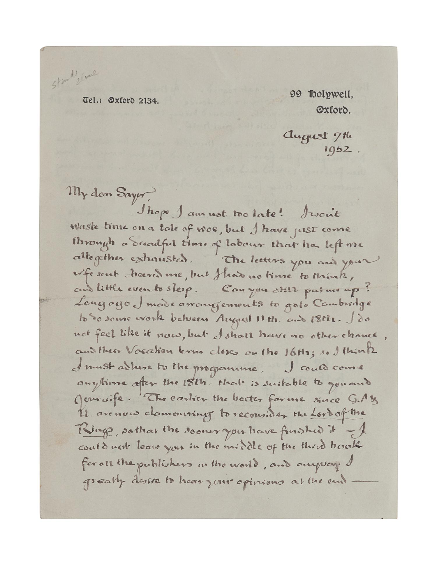 TOLKIEN, John Ronald Reuel (1892-1973). Autograph letter signed (“JRRT”). To George Sayer, Oxford, 7 August 1952. 2 pages, 8vo, on 99 Holywell, Oxford stationery, creased; morocco folding case .