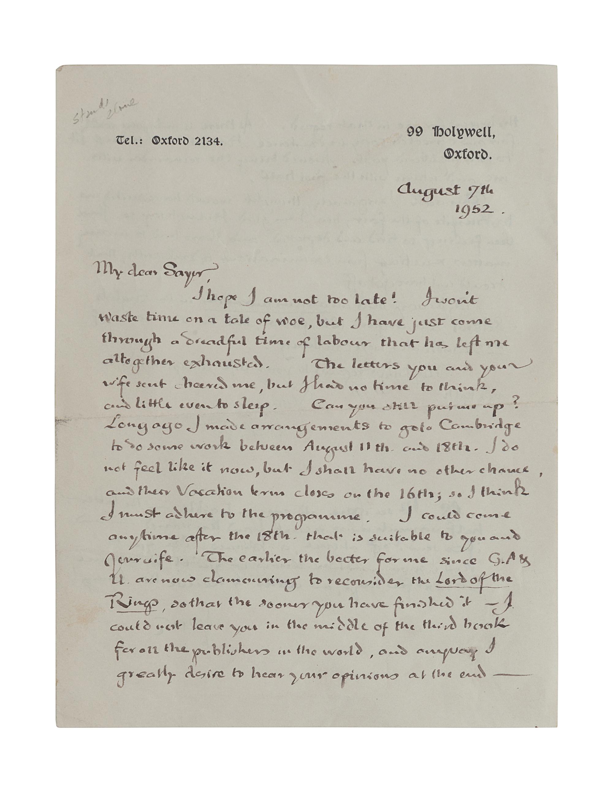 TOLKIEN, John Ronald Reuel (1892-1973). Autograph letter signed (“JRRT”). To George Sayer, Oxford, 7 August 1952. 2 pages, 8vo, on 99 Holywell, Oxford stationery, creased; morocco folding case .