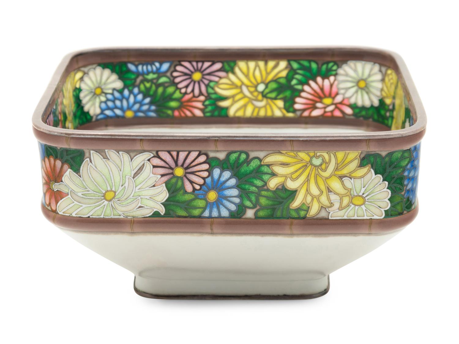 A Japanese Cloisonné-Enamel and Partial Plique-à-Jour Square Bowl