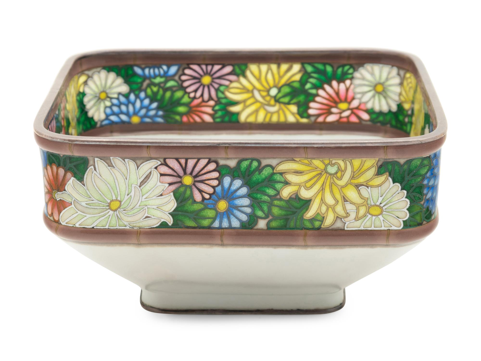 A Japanese Cloisonné-Enamel and Partial Plique-à-Jour Square Bowl