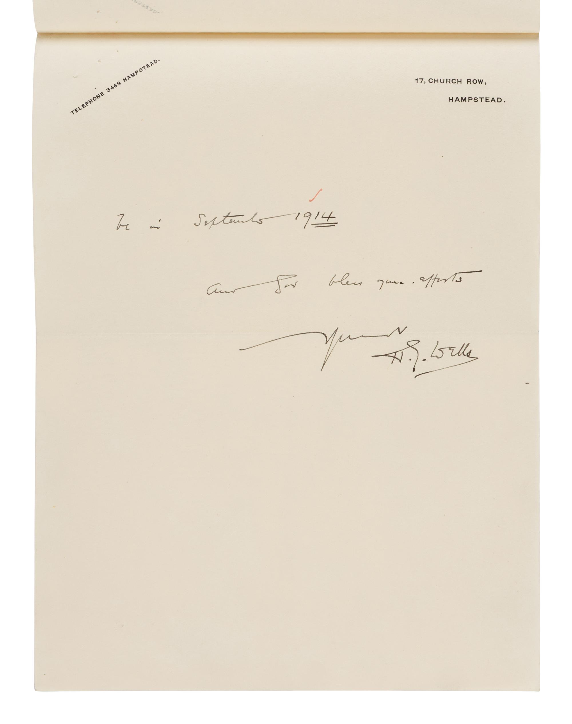 [Literature] Wells, H.G. Autograph letter, signed