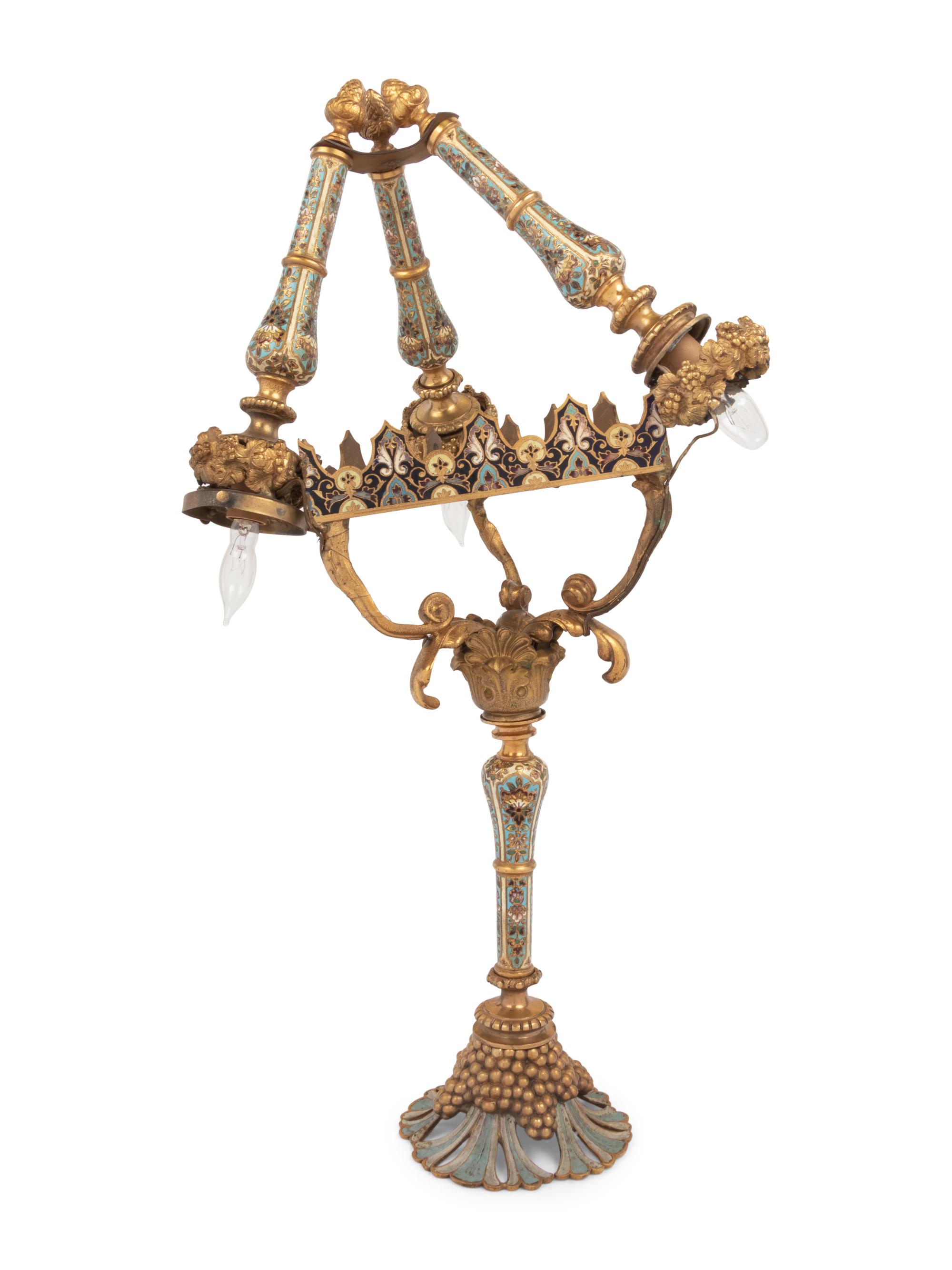 A Gilt Bronze and Champlevé Three-Light Table Lamp