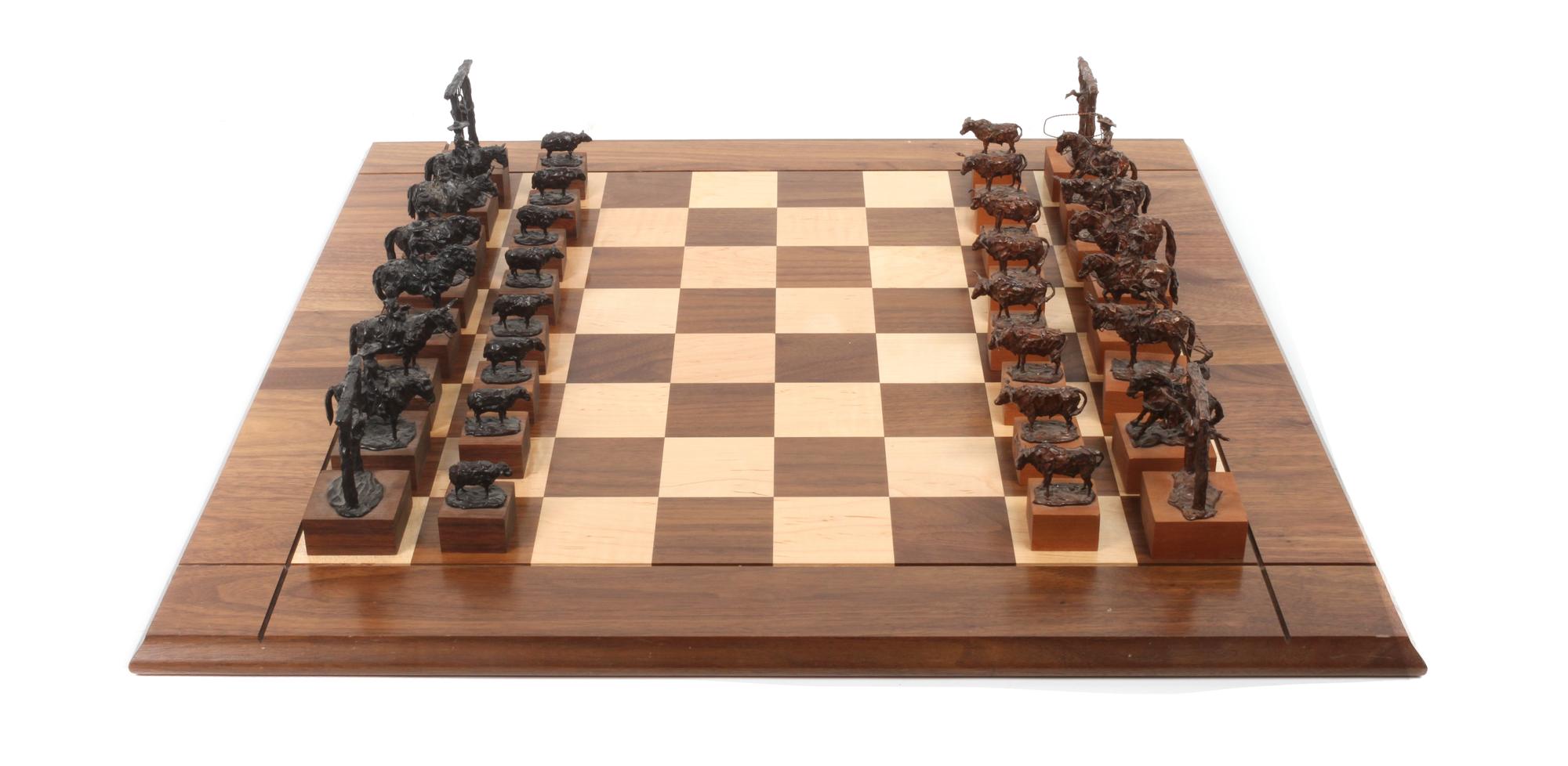 A Brown Patinated Metal "Range War" Chess Set, Leigh Aldrich, 1991 Height of tallest 3 inches.
