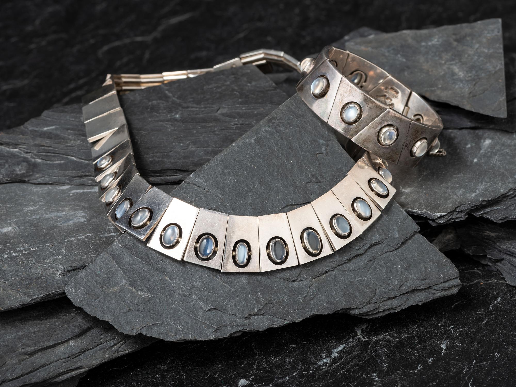 Taxco Silver and Moonstone Link Choker and Bracelet