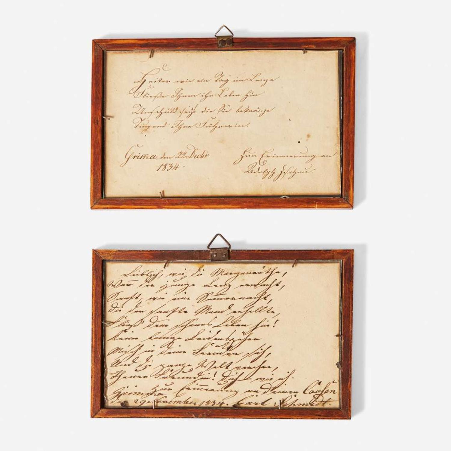 German School 19th century Two Miniature Works: Riverfront Views, one with Boating Scene, dated "1834"