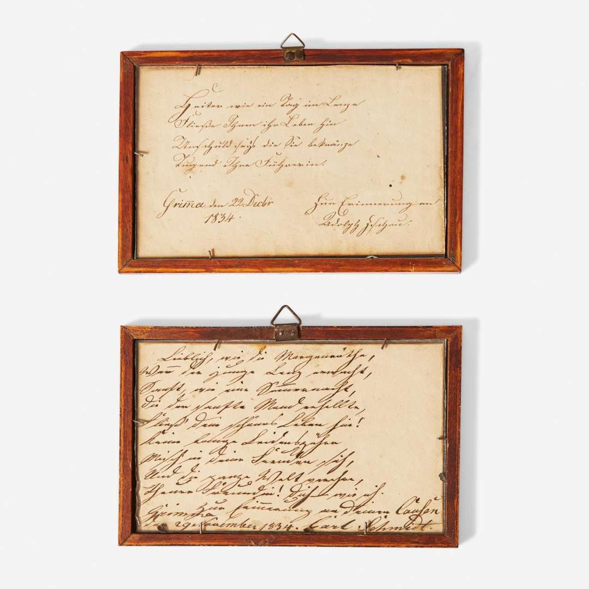German School 19th century Two Miniature Works: Riverfront Views, one with Boating Scene, dated "1834"