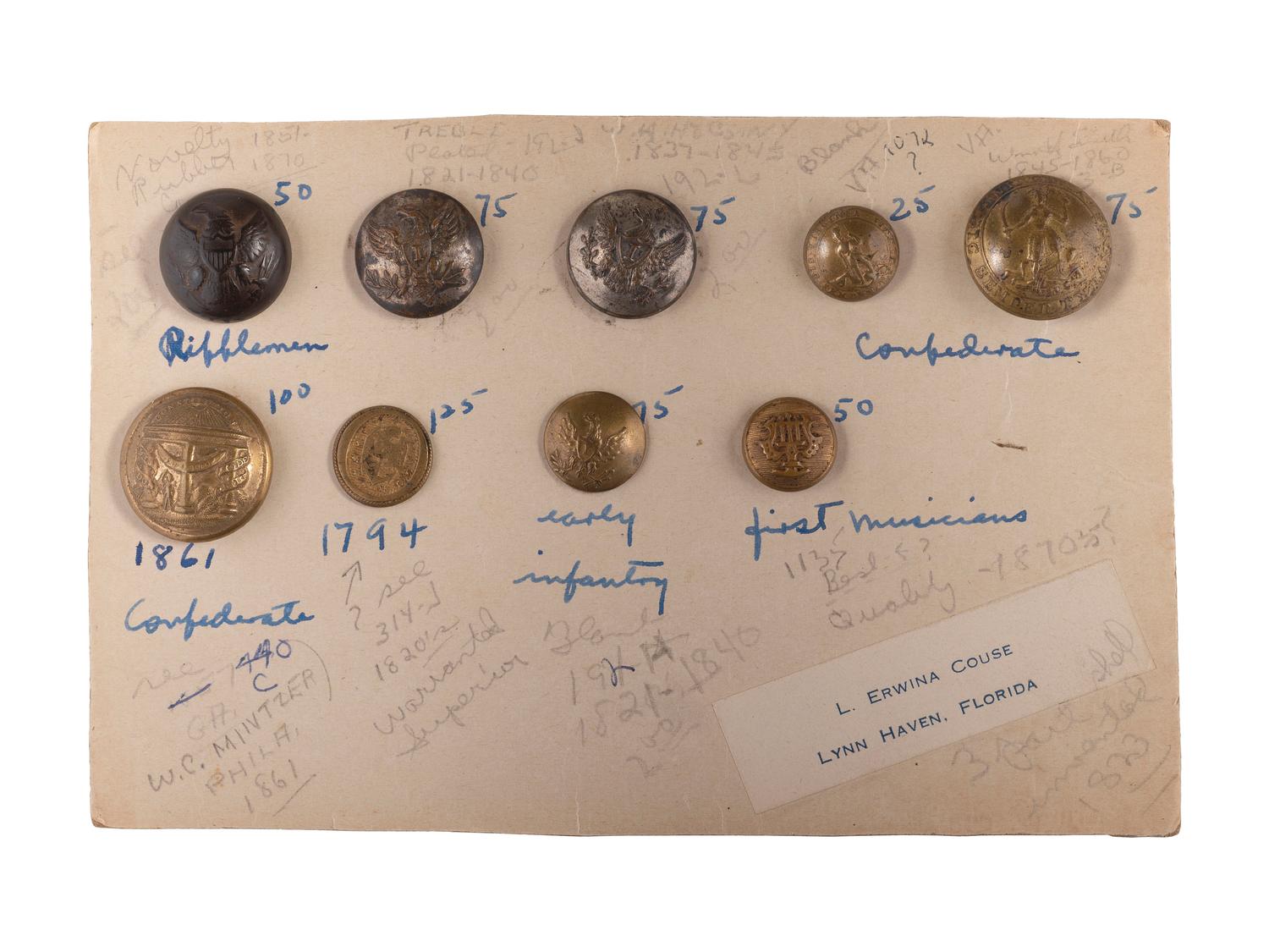 A group of 9 pre-Civil War and Civil War Union and Confederate buttons, comprising: