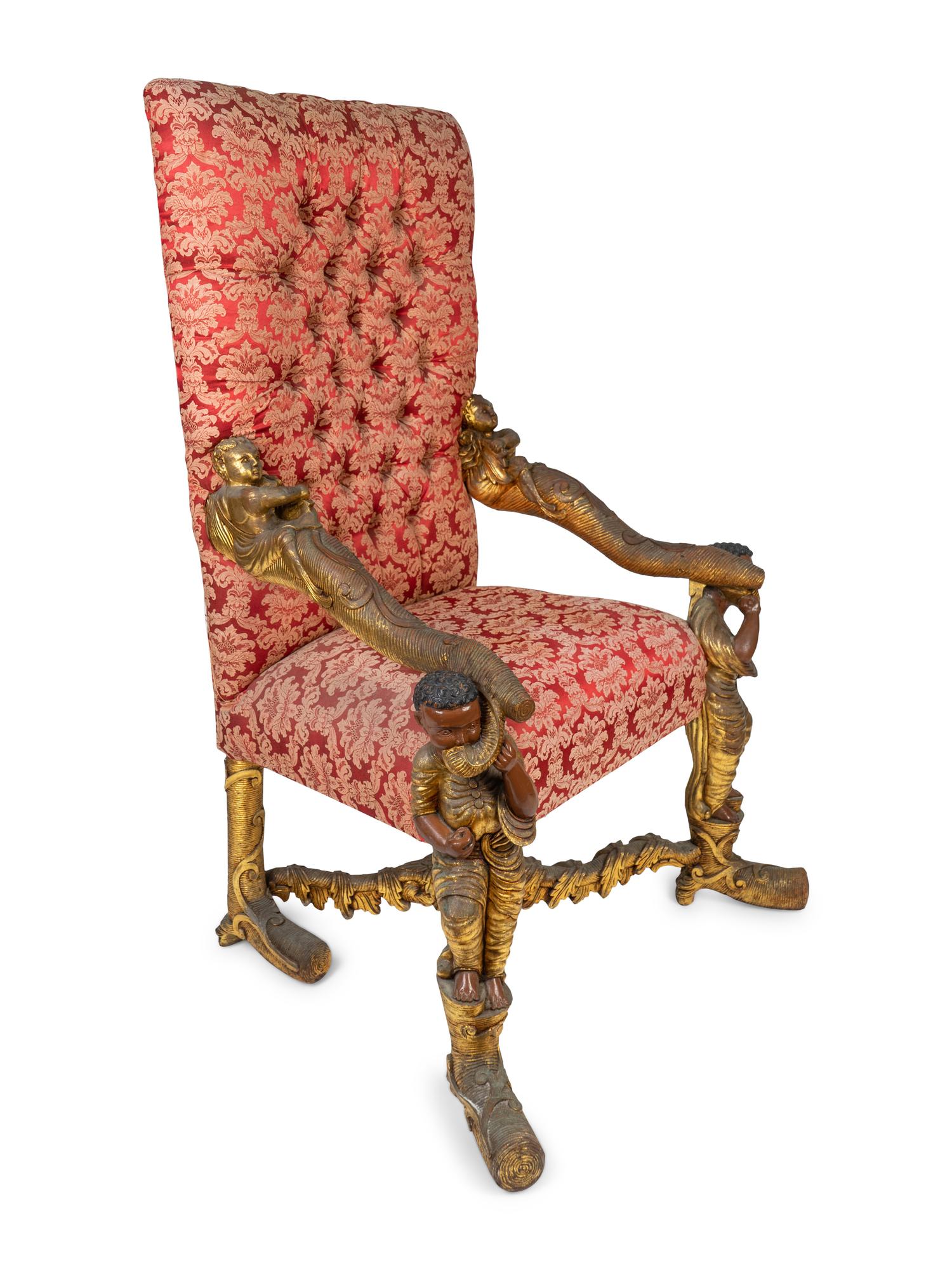 An Italian Baroque Style Carved Walnut Figural Armchair — IN THE MANNER OF ANDREA BROSTOLON, 19TH CENTURY