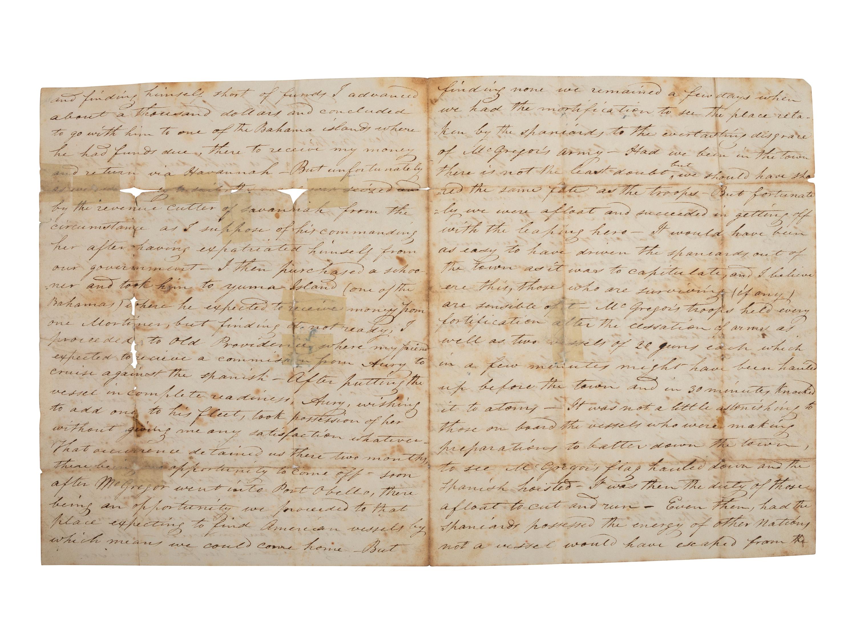 [REPUBLIC OF THE FLORIDAS] -- [FILIBUSTERS]. Letter regarding General Gregor MacGregor, the French privateer Louis-Michel Aury, and filibustering expeditions against Spanish territory. New York, [NY], 30 September 1819.