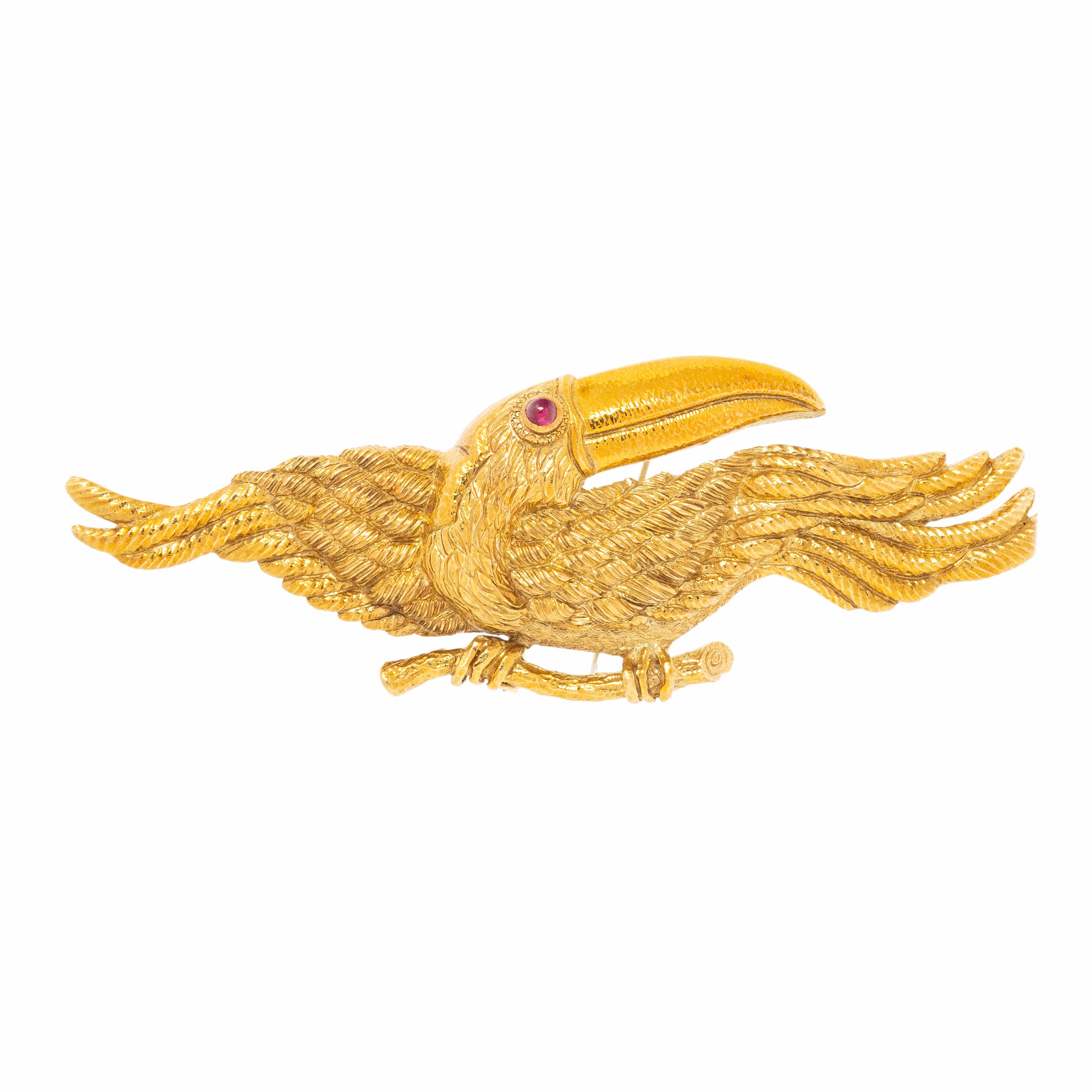 David Webb, Yellow Gold and Ruby Toucan Pendant Brooch, with David Webb cord