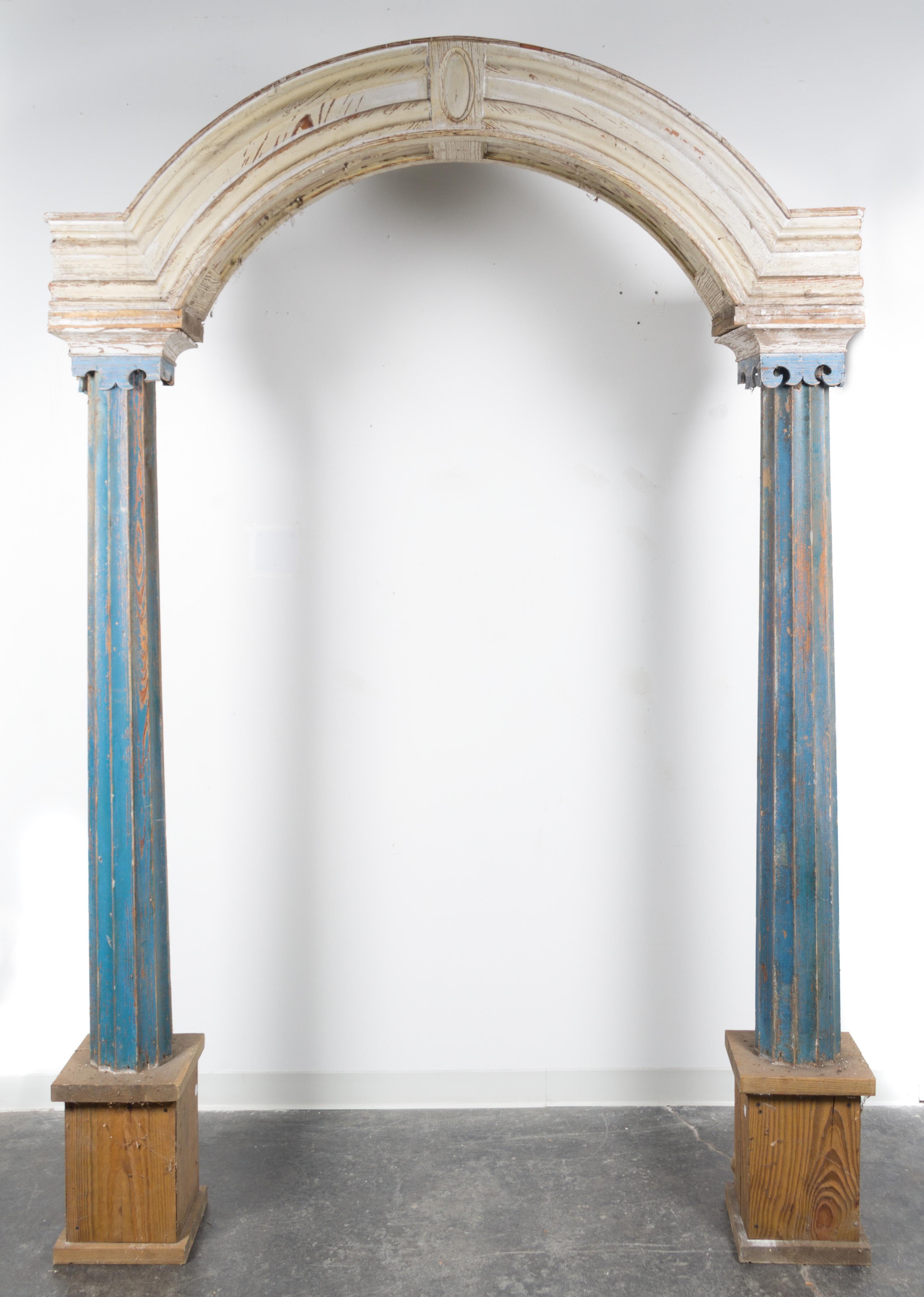 A Carved Pine Garden Arbor Approximate width 72 1/2 inches.