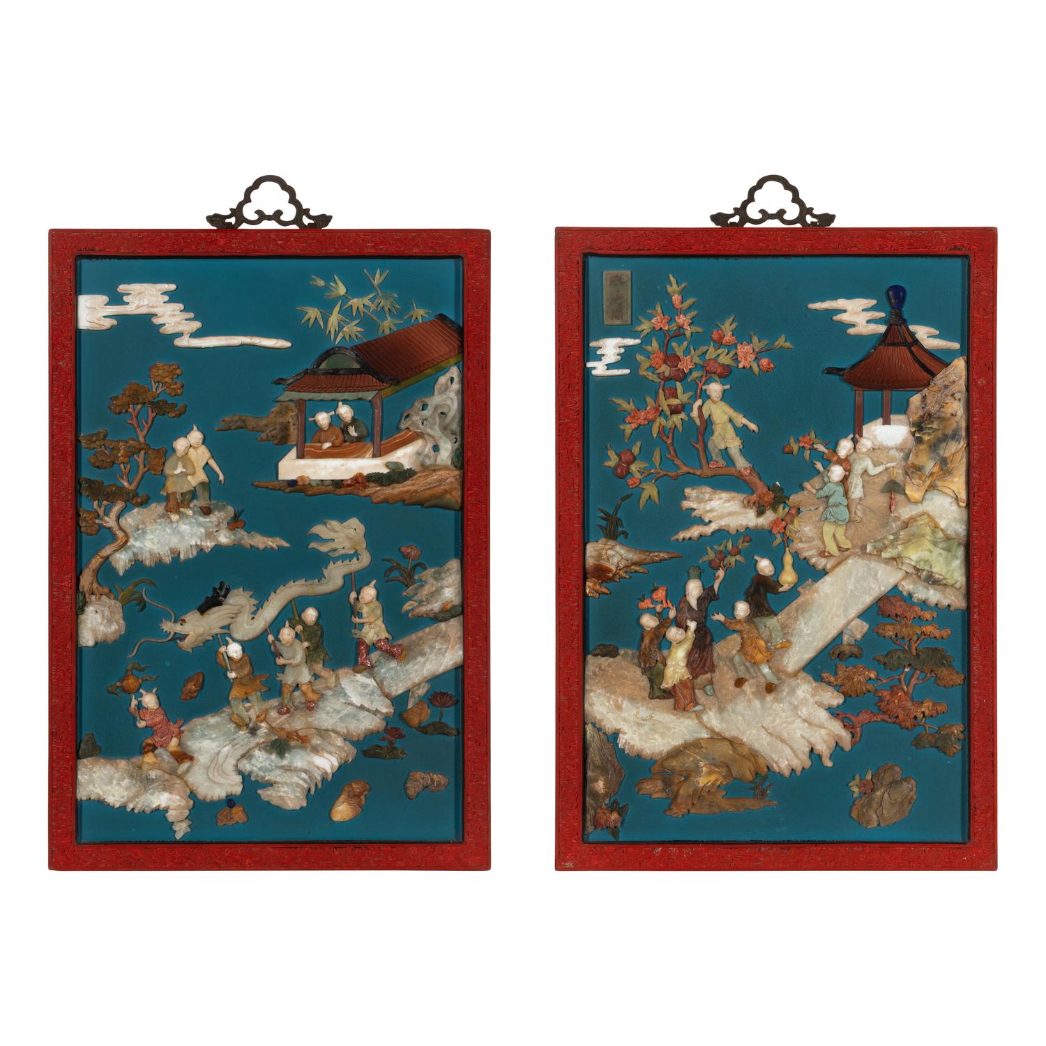 A Pair of Chinese Jade and Hardstone Inlaid and Cinnabar Lacquered Hanging Screens, 20th Century 近代 剔紅框藍地嵌寶童子圖挂屏一對