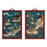A Pair of Chinese Jade and Hardstone Inlaid and Cinnabar Lacquered Hanging Screens, 20th Century 近代 剔紅框藍地嵌寶童子圖挂屏一對