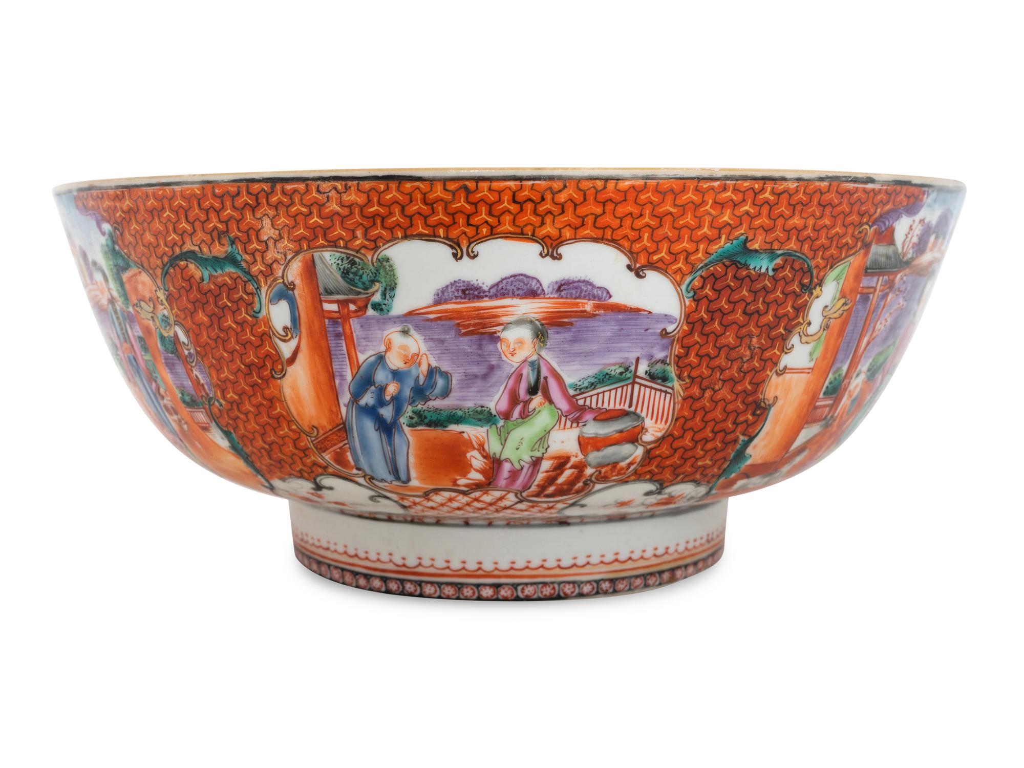 A Chinese Export Mandarin Palette Porcelain Punch Bowl