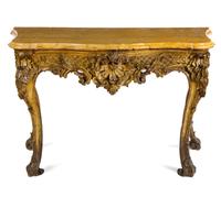 A Pair of Rococo Style Giltwood Console Tables Height 37 x width 58 x depth 26 inches. — 18TH CENTURY