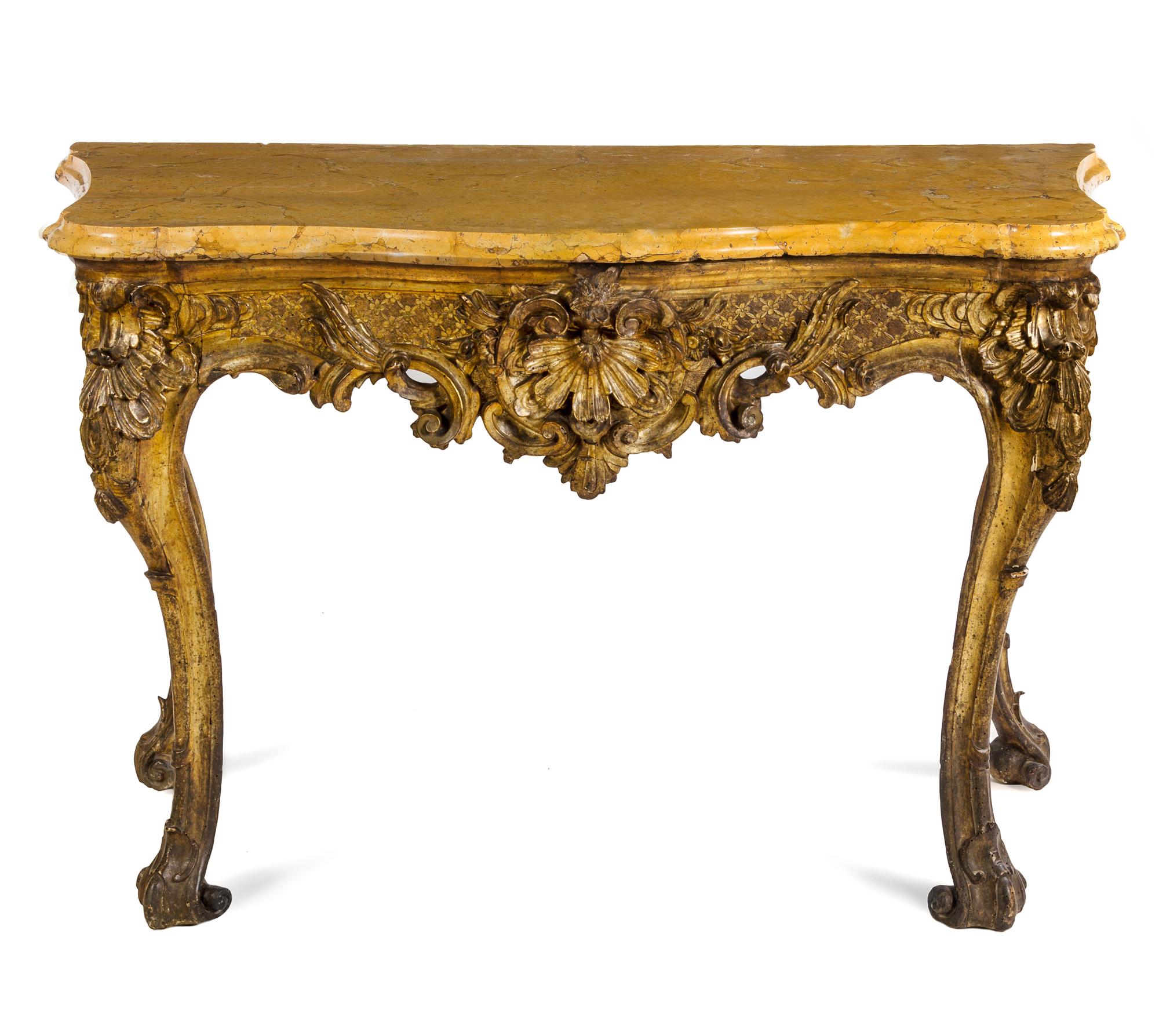 A Pair of Rococo Style Giltwood Console Tables Height 37 x width 58 x depth 26 inches. — 18TH CENTURY
