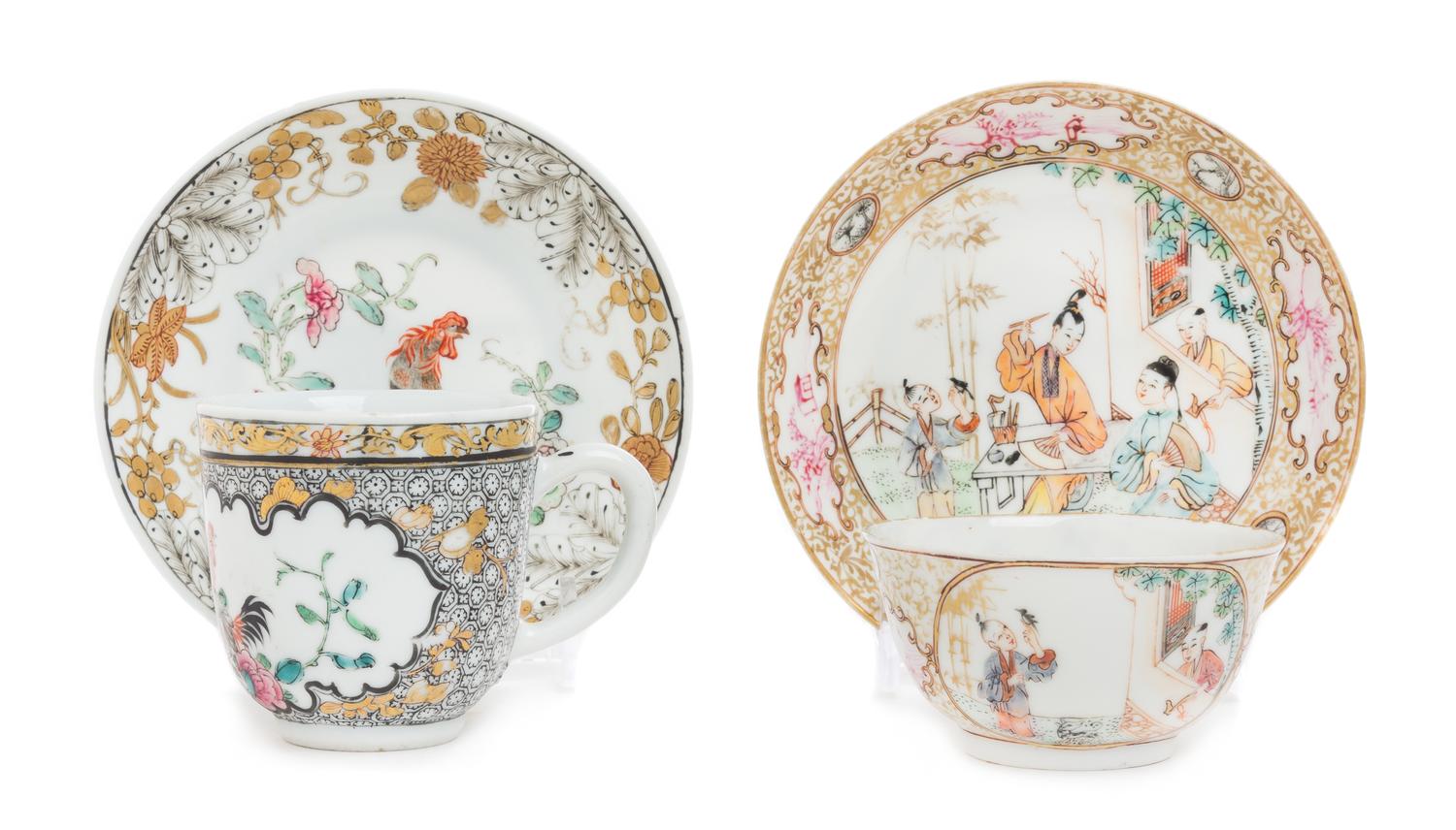 Two Sets of Chinese Export Famille Rose Porcelain Cups and Saucers Diameter of larger saucer 4 5/8 inches. — 19TH CENTURY