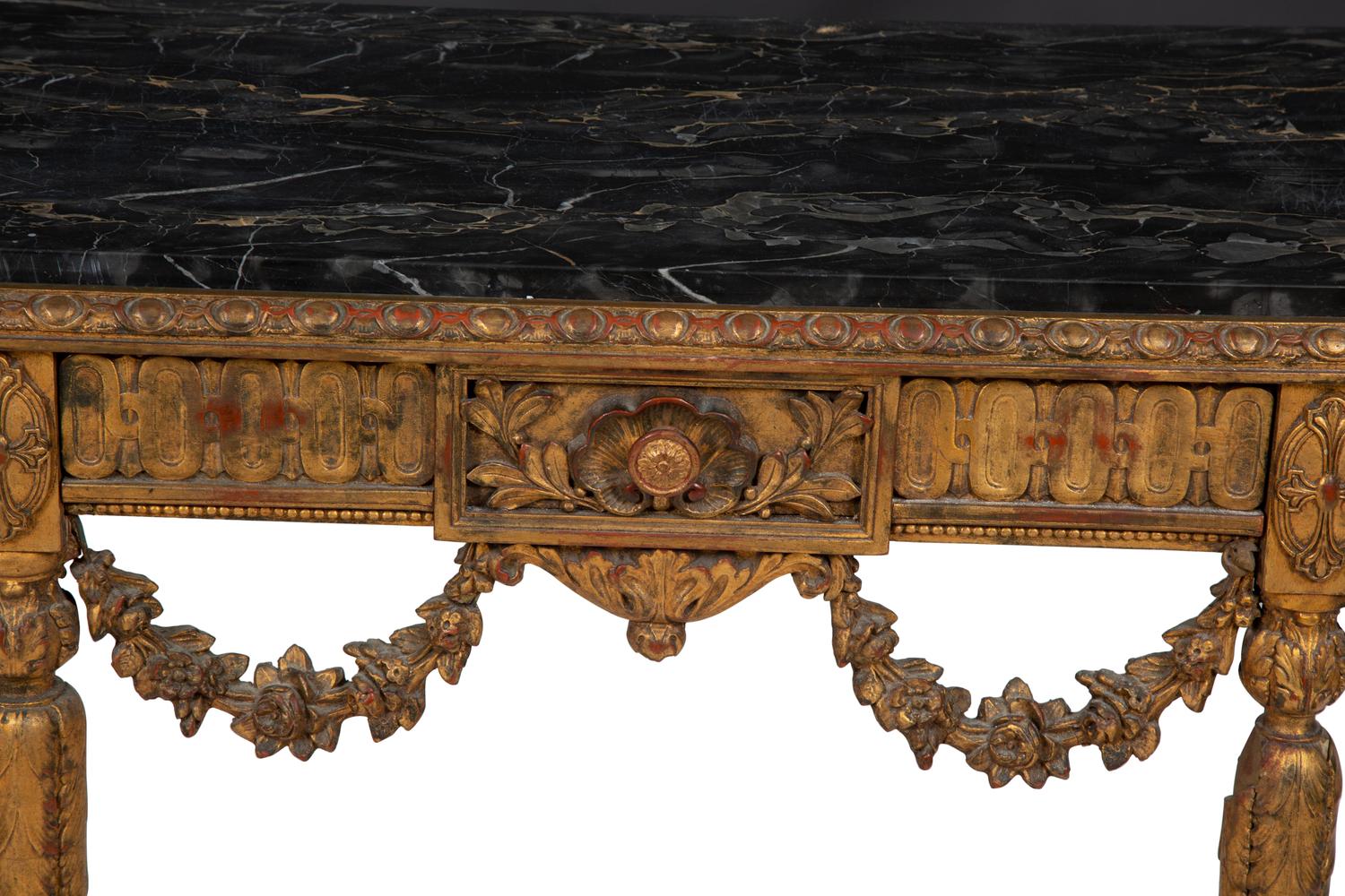 A Louis XVI Style Marble Top Giltwood Console Table