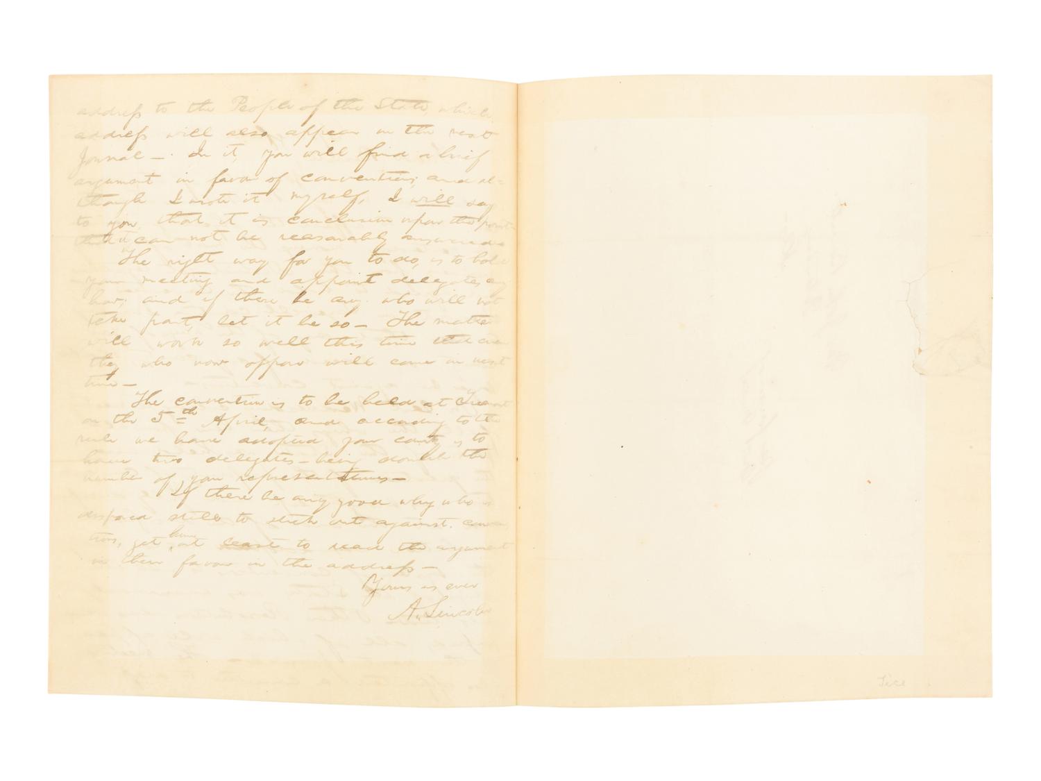LINCOLN, Abraham (1809-1865). Autograph letter, signed ("A. Lincoln"), to John Bennett. Springfield, Illinois, 7 March 1843.