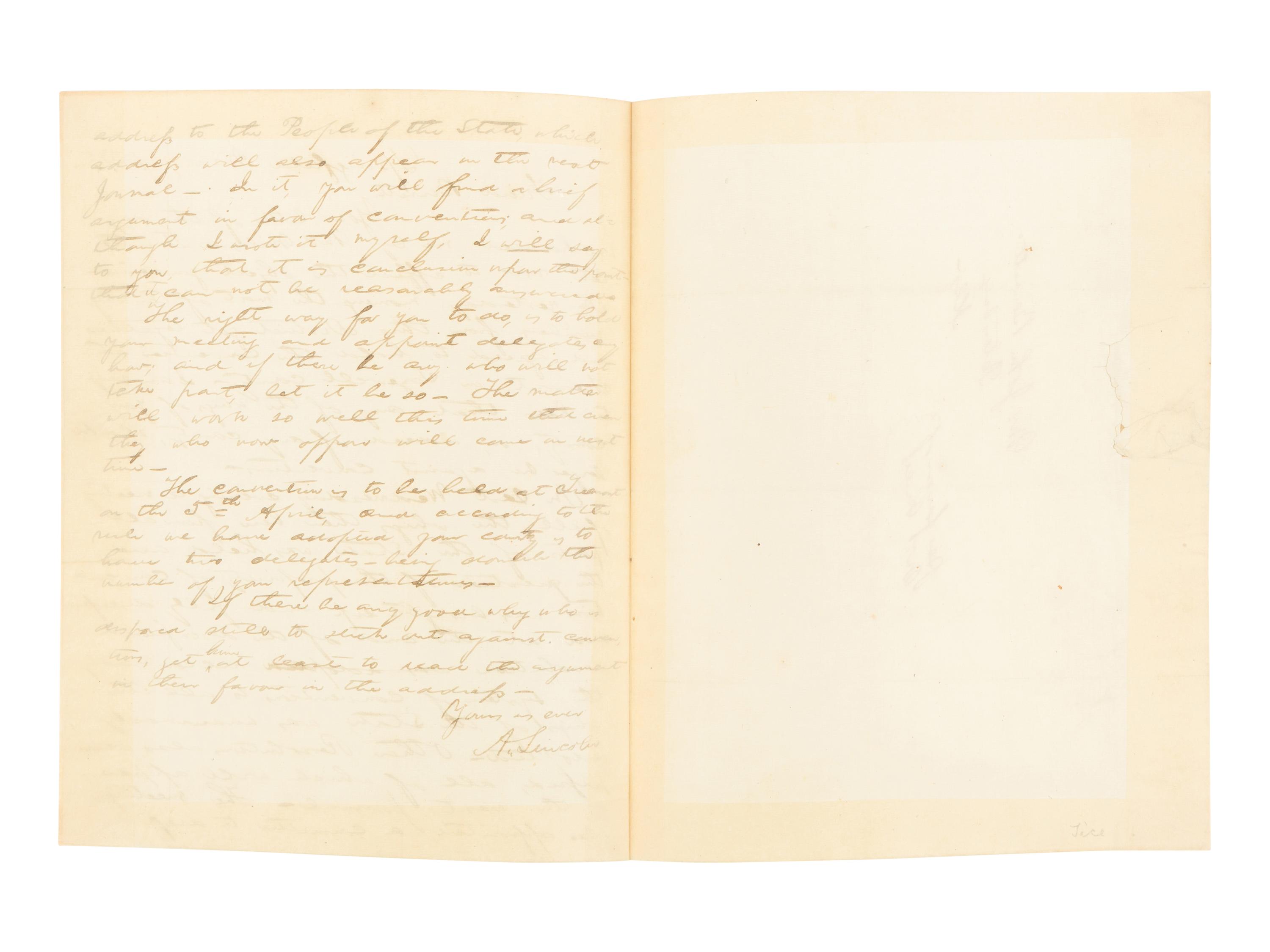LINCOLN, Abraham (1809-1865). Autograph letter, signed ("A. Lincoln"), to John Bennett. Springfield, Illinois, 7 March 1843.